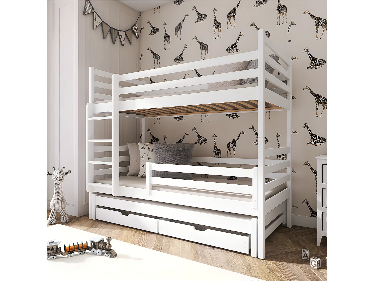 Lit superposé 90x200 sommier lit gigogne et tiroirs inclus Léo Blanc