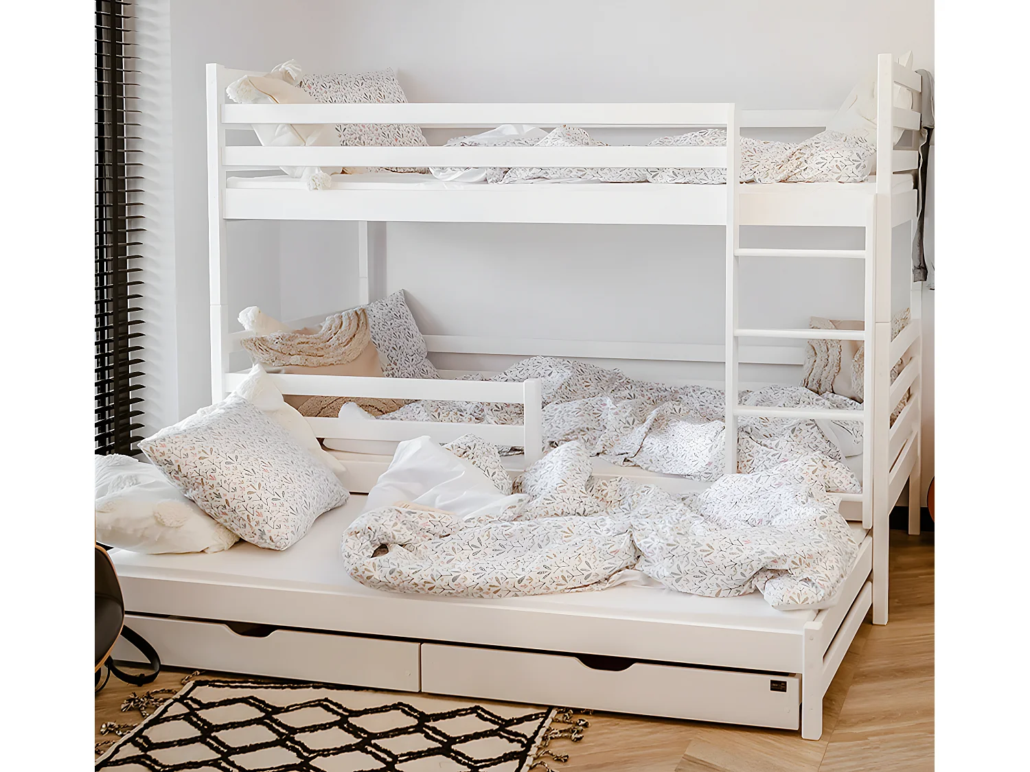 Lit superposé 90x200 sommier lit gigogne et tiroirs inclus Léo Blanc