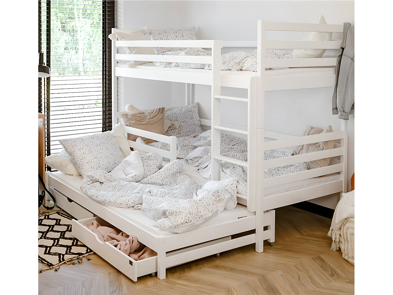 Lit superposé 90x200 sommier lit gigogne et tiroirs inclus Léo Blanc