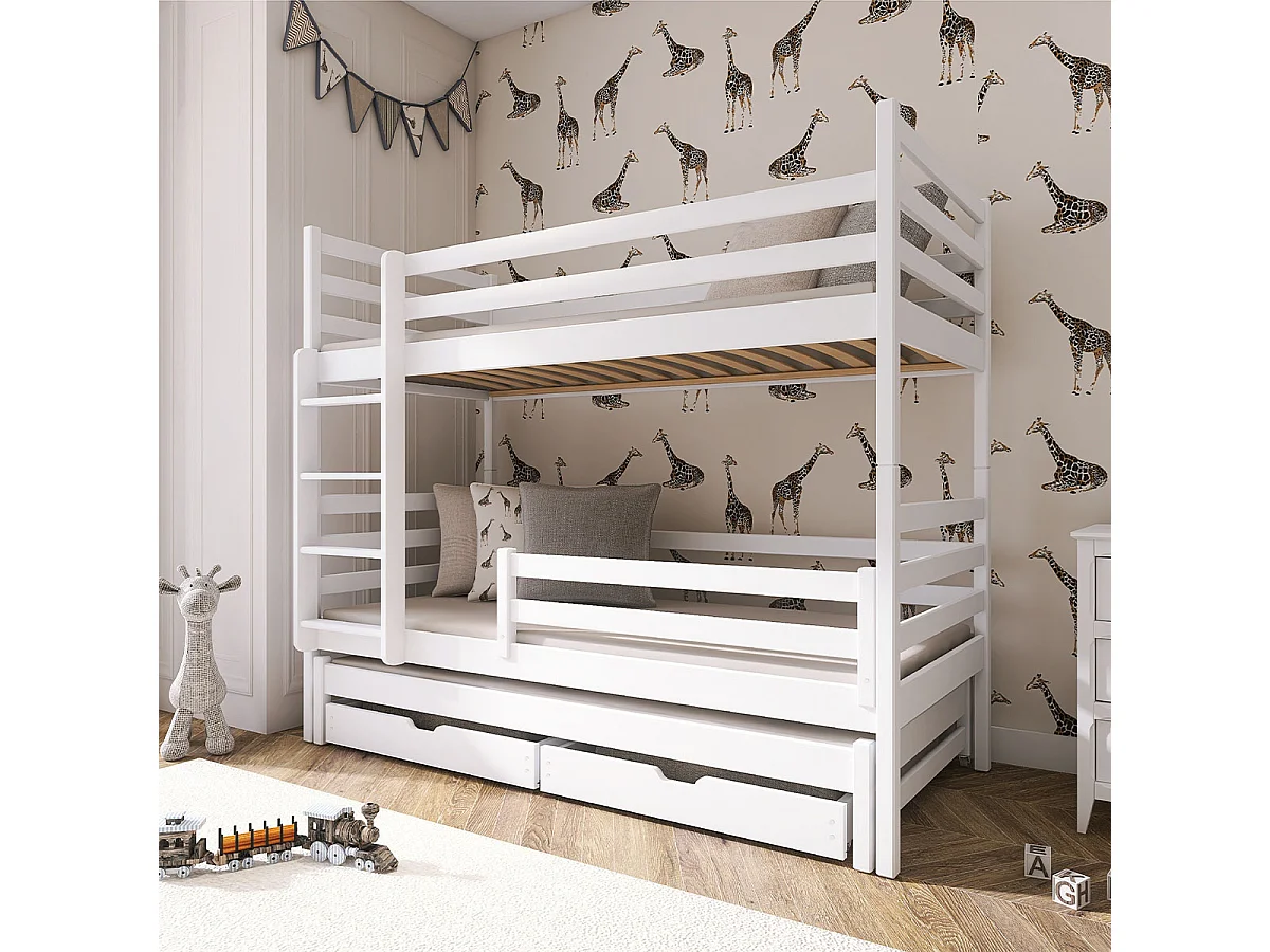 Lit superposé 90x200 sommier lit gigogne et tiroirs inclus Léo Blanc