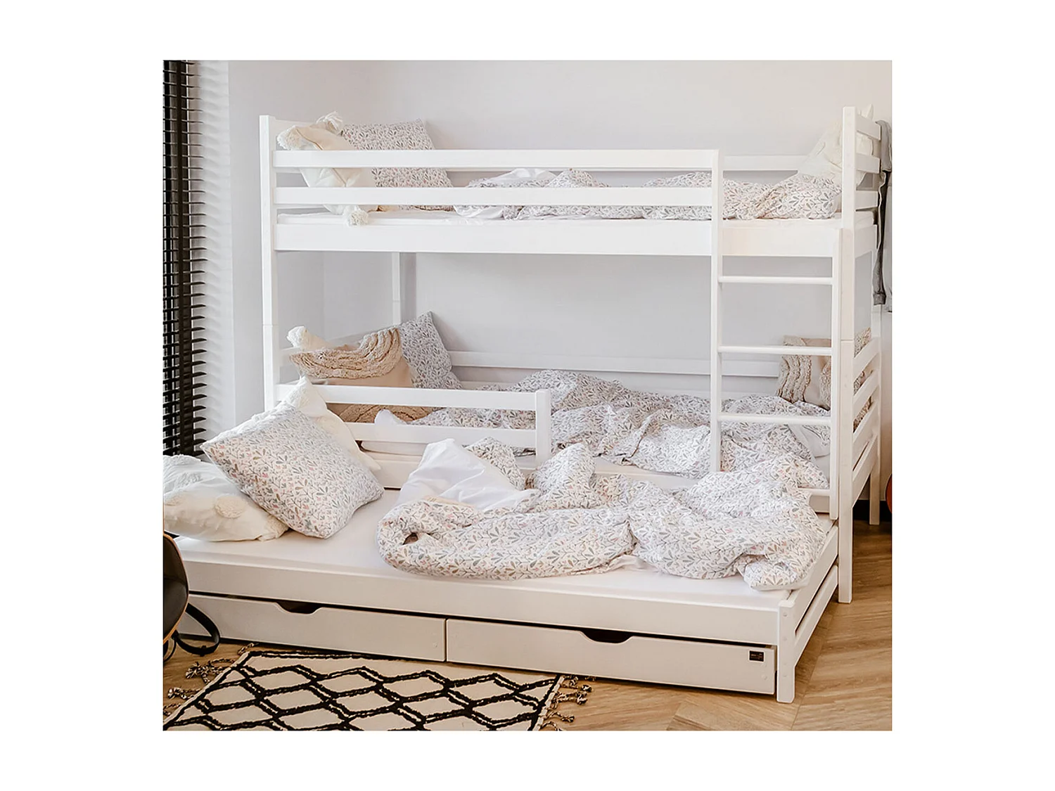 Lit superposé 90x200 sommier lit gigogne et tiroirs inclus Léo Blanc