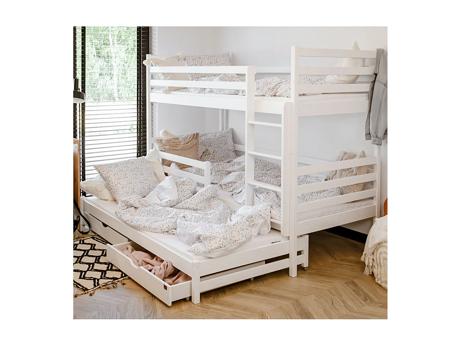 Lit superposé 90x200 sommier lit gigogne et tiroirs inclus Léo Blanc