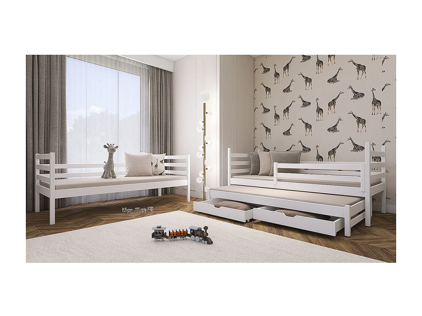 Lit superposé 90x200 sommier lit gigogne et tiroirs inclus Léo Blanc