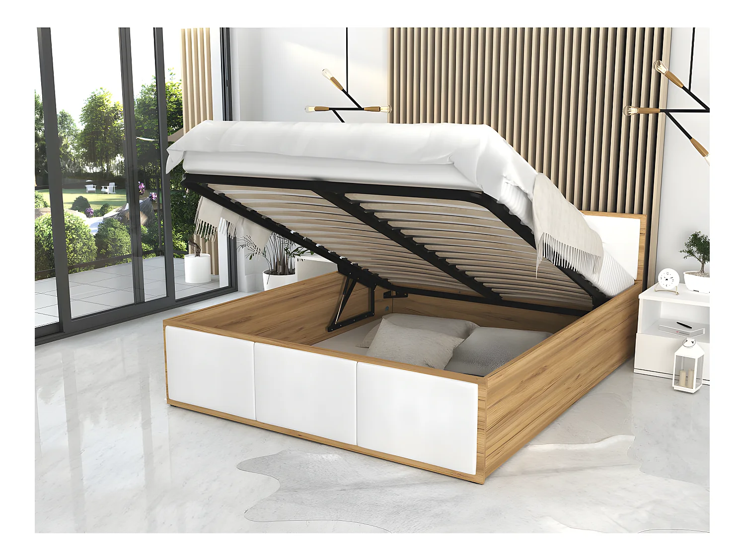 Lit Panama T 120x200 + coffre - Sommier inclus Chêne - Blanc