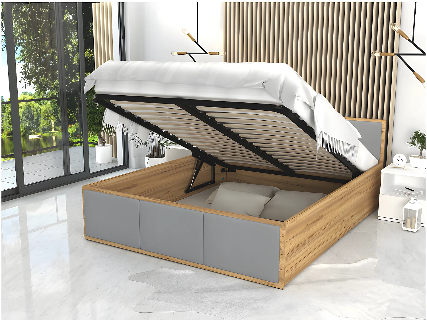 Lit Panama T 120x200 + coffre - Sommier inclus Chêne - gris clair