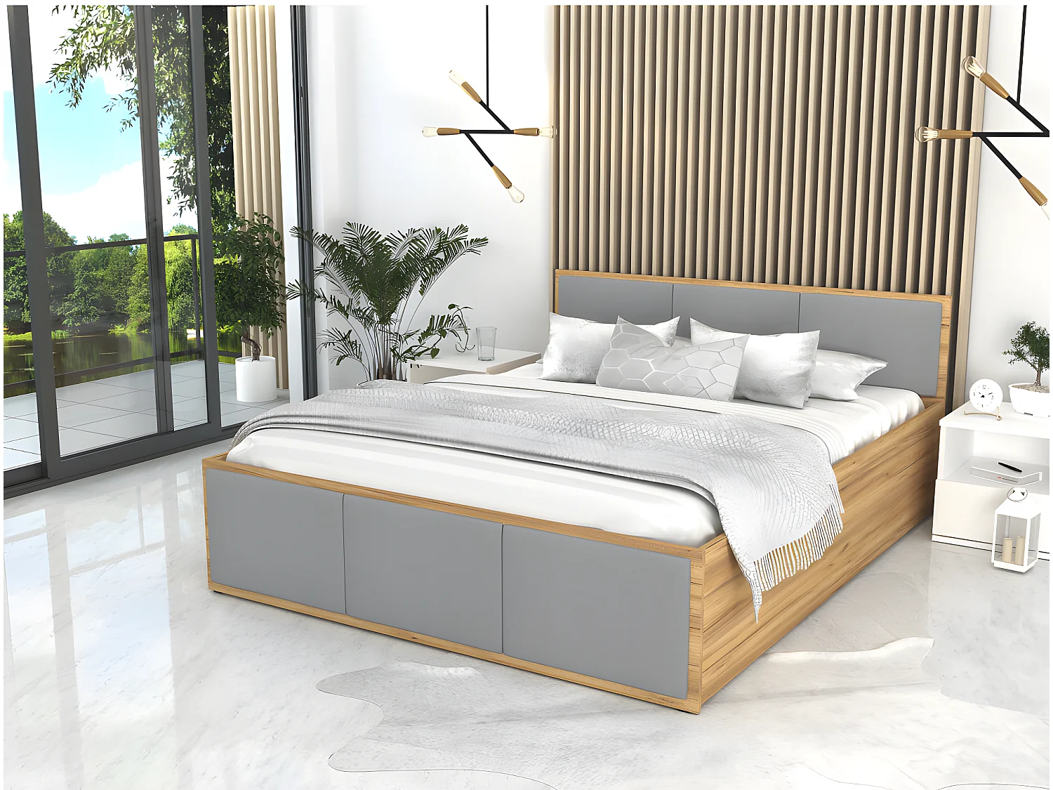 Lit Panama T 120x200 + coffre - Sommier inclus Chêne - gris clair