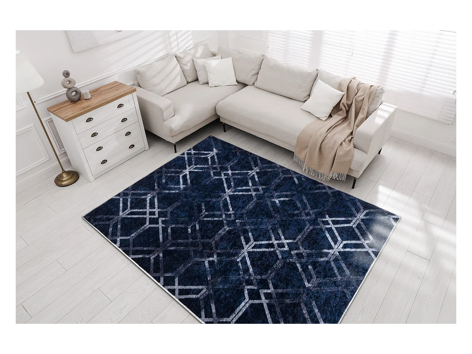 MIRO 51805.802 tapijt wasbaar geometrisch, geruite antislip - blauw 200x290 cm