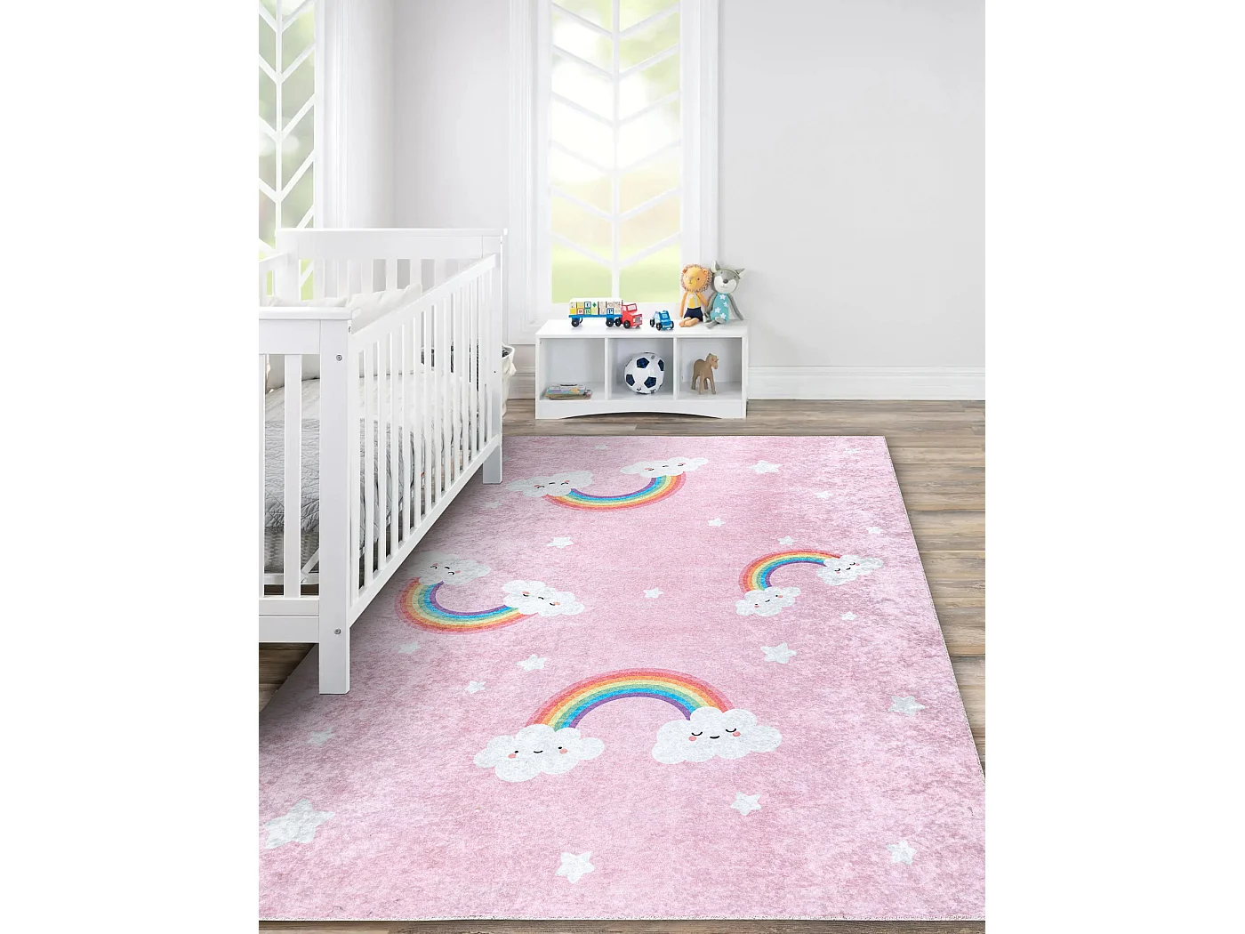 JUNIOR 52063.802 Regenbogen, Wolken für Kinder Anti-Rutsch - rosa 200x290 cm