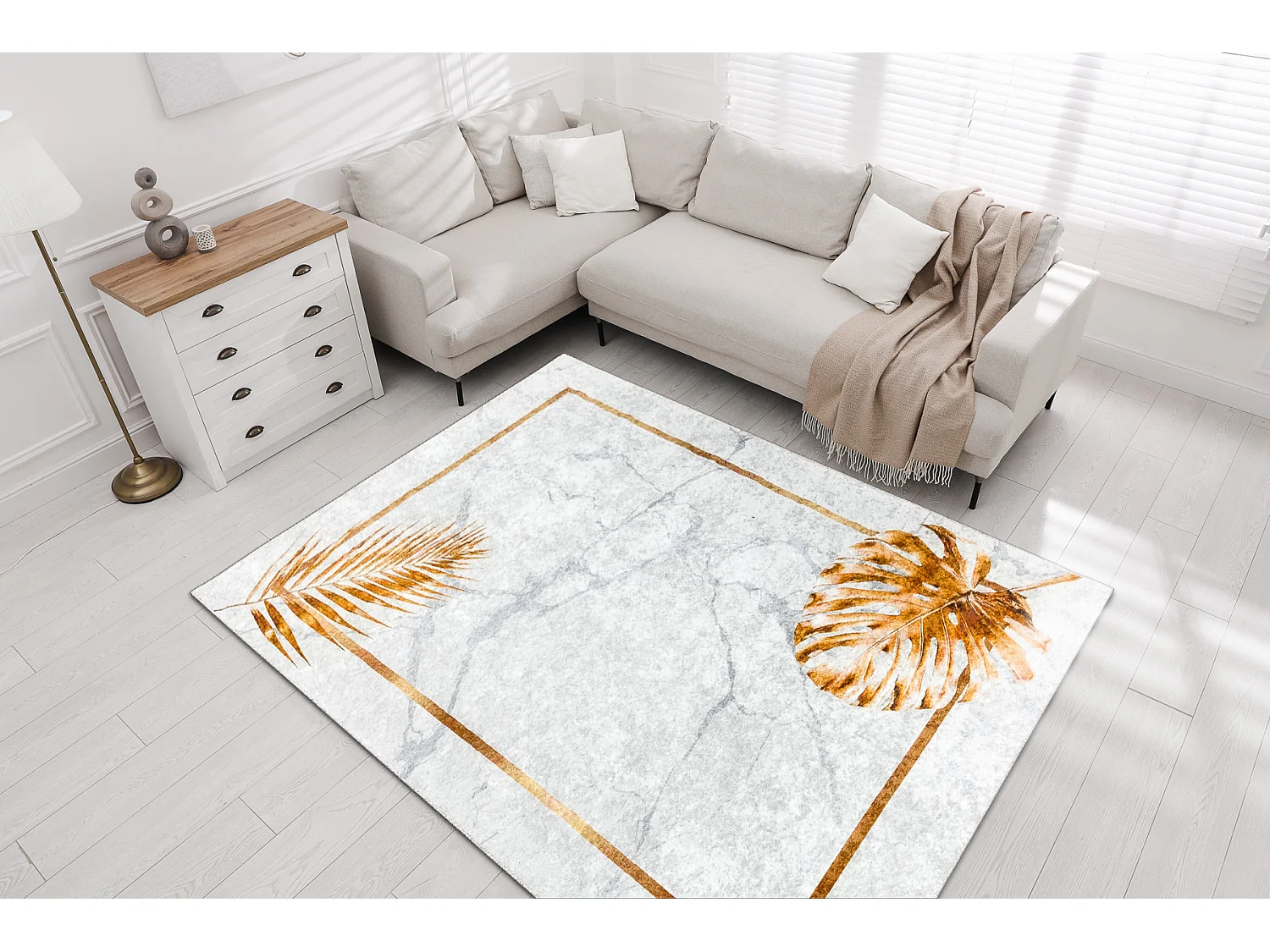 MIRO 51518.806 tapijt wasbaar Bladeren, kader antislip - grijs / goud 200x290 cm