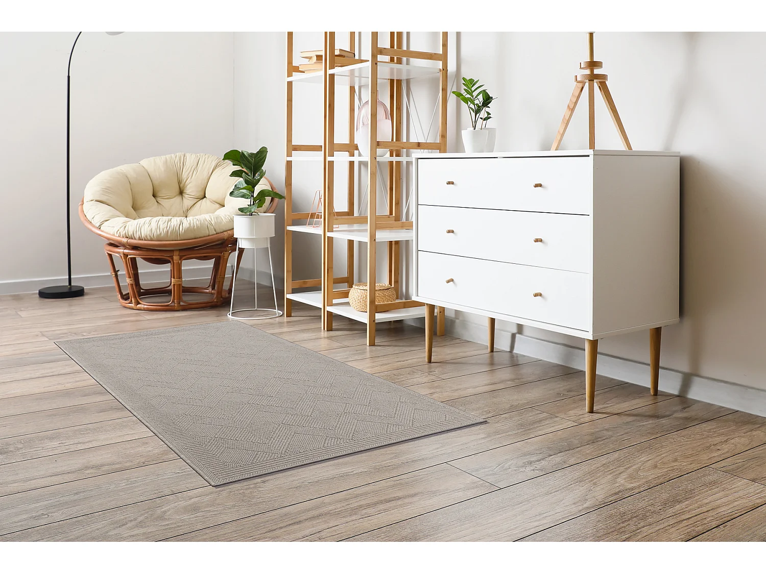 Wollen tapijt VILLA 7636/68400 Zigzag SIZAL, platgeweven donker beige 80x150 cm