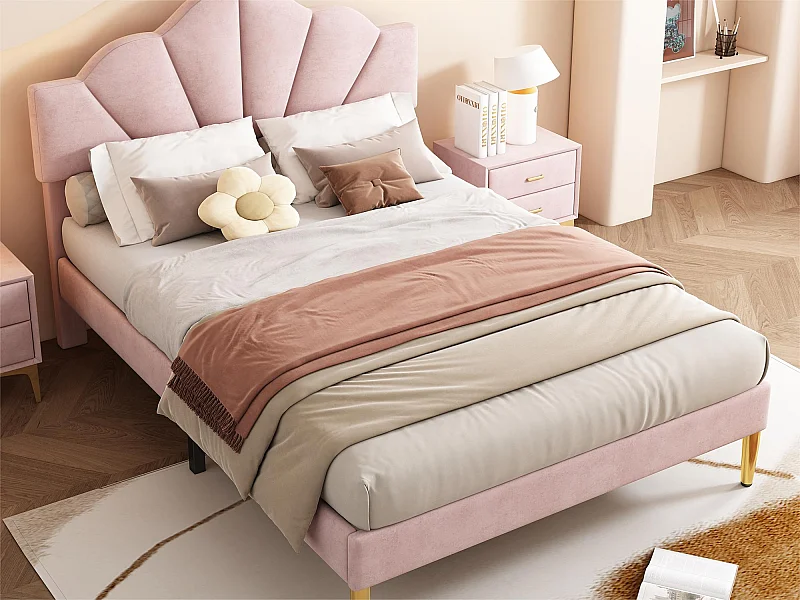 Kinderbett aus Samt – 140 x 200 cm – muschelförmiges Kopfteil – Rosa