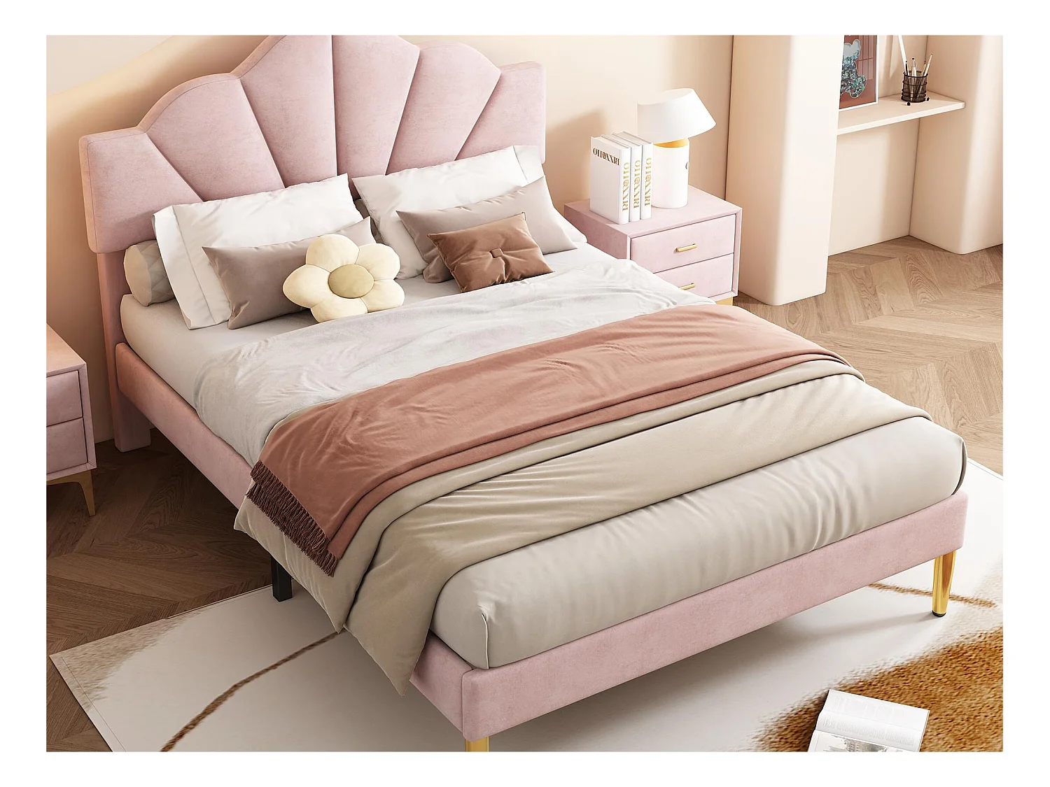 Lit enfant en velours 140x200cm avec sommier à lattes - tête de lit en forme de coquille - rose