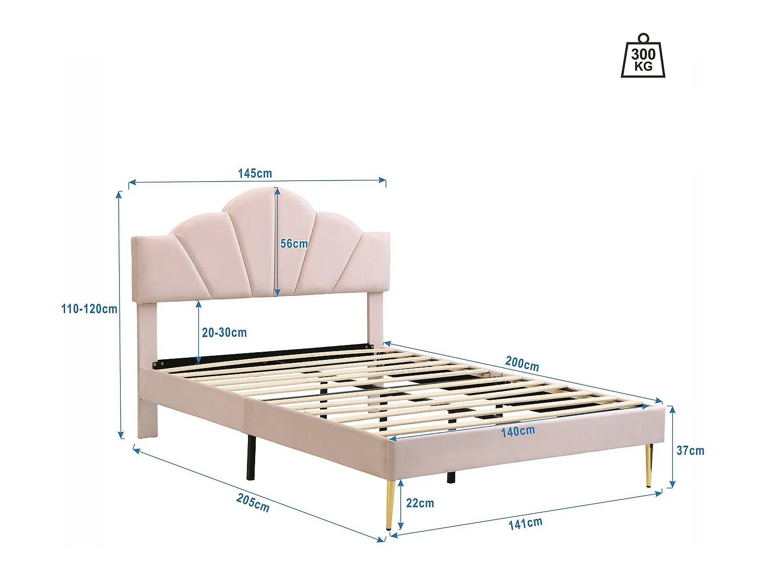 Cama infantil de terciopelo - 140x200cm - cabecero en forma de concha - Rosa