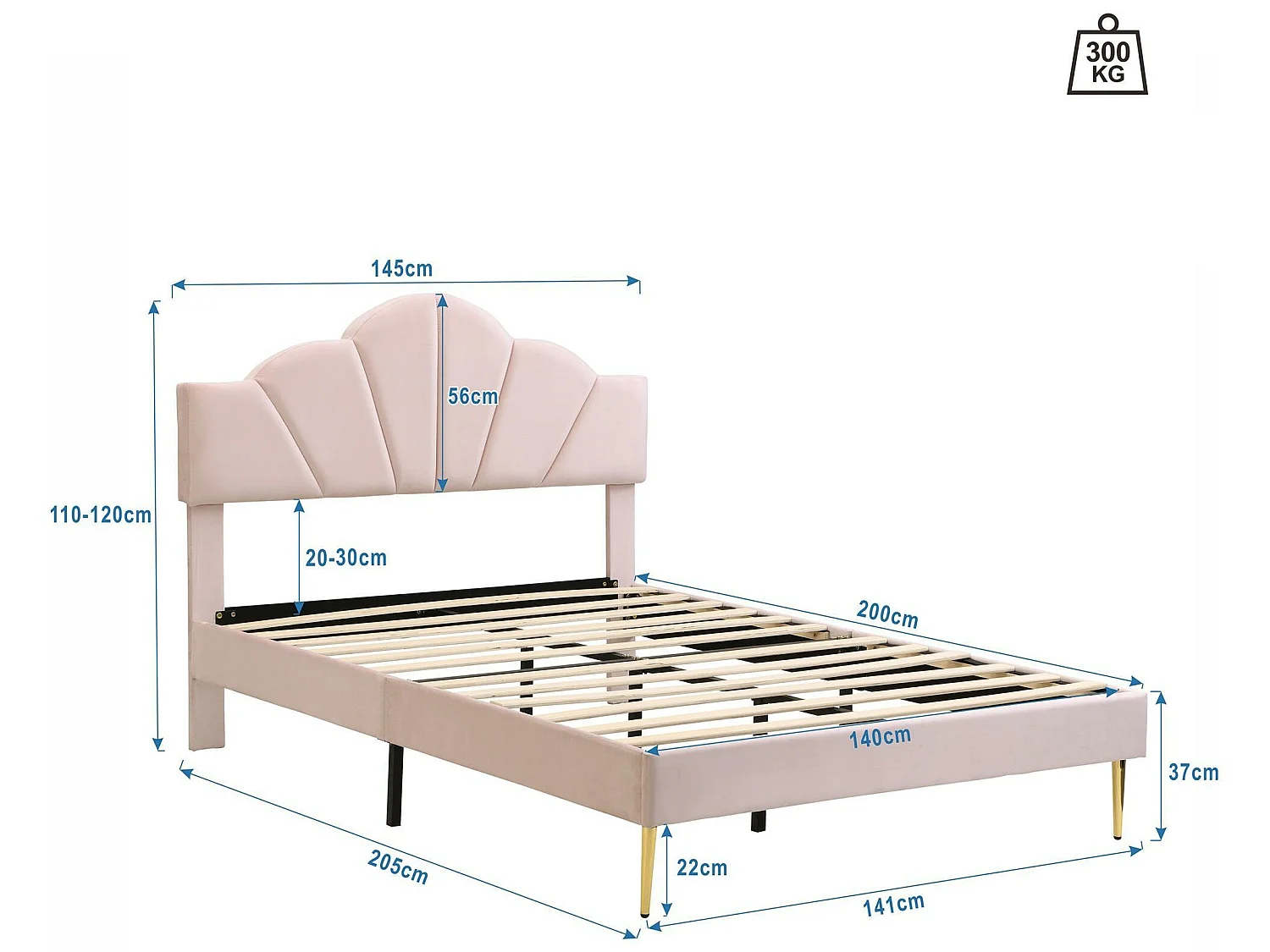 Lit enfant en velours 140x200cm avec sommier à lattes - tête de lit en forme de coquille - rose