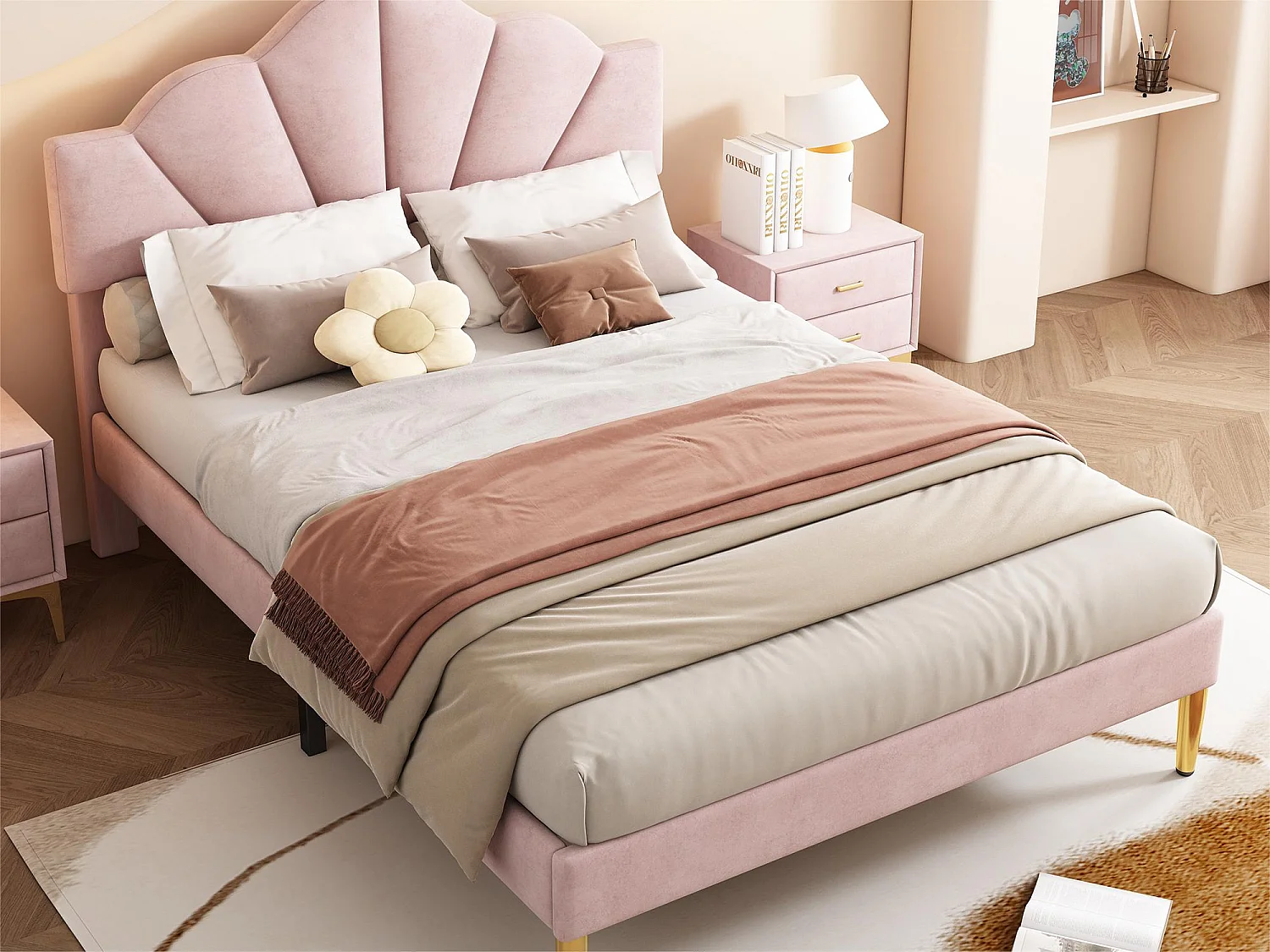 Kinderbett aus Samt – 140 x 190 cm – muschelförmiges Kopfteil – Rosa