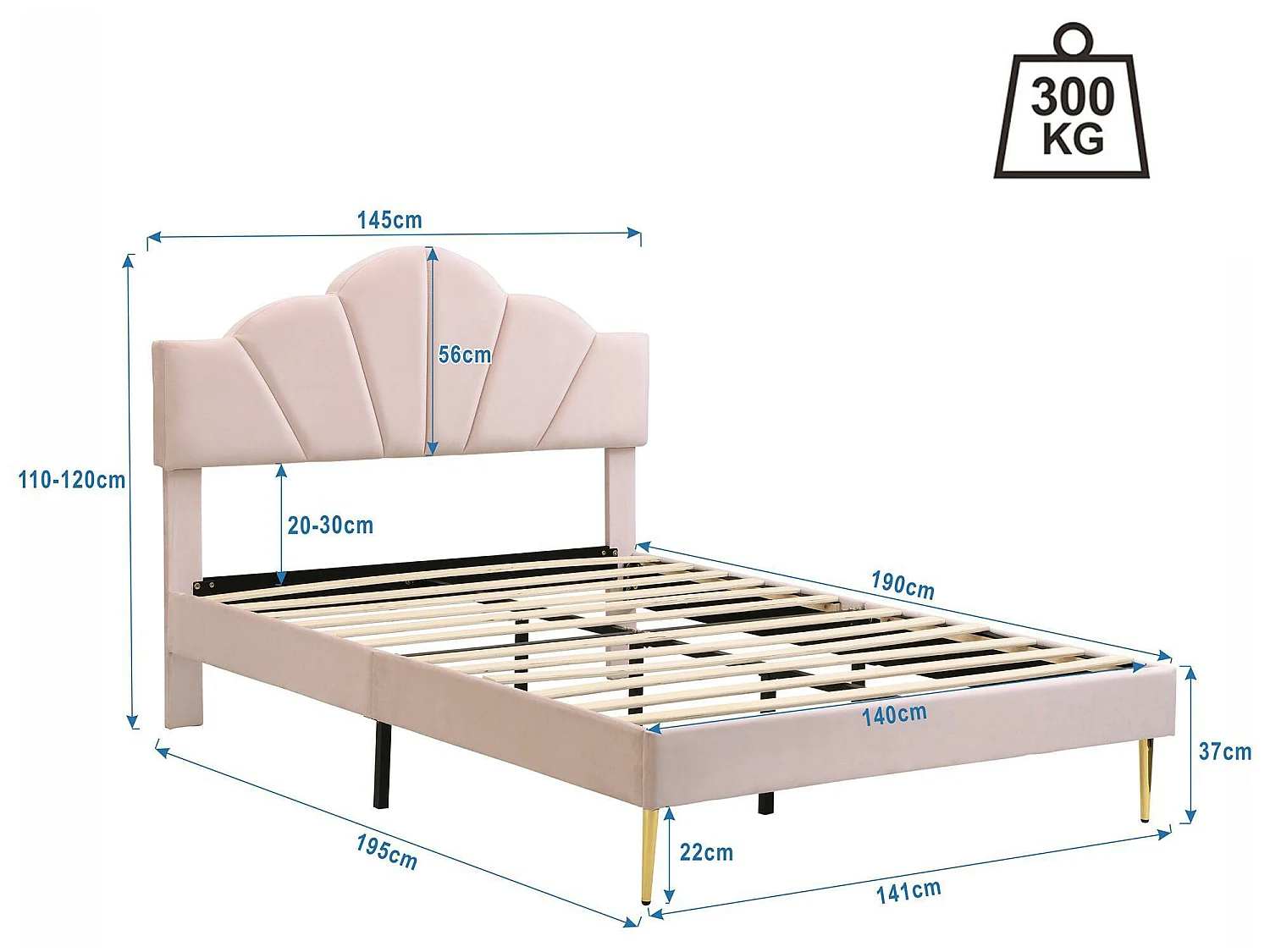 Kinderbett aus Samt – 140 x 190 cm – muschelförmiges Kopfteil – Rosa