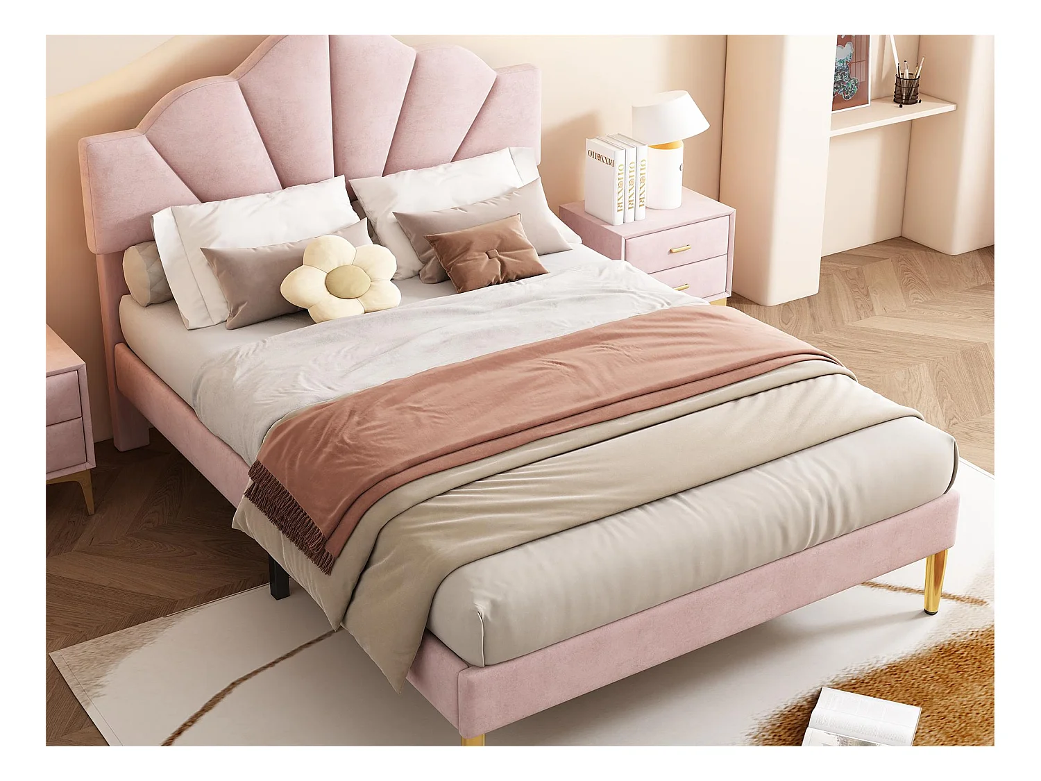 Lit enfant en velours 140x190cm avec sommier à lattes - tête de lit en forme de coquille - rose
