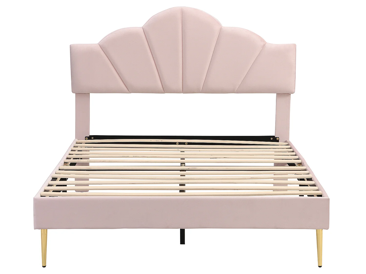 Lit enfant en velours 140x190cm avec sommier à lattes - tête de lit en forme de coquille - rose