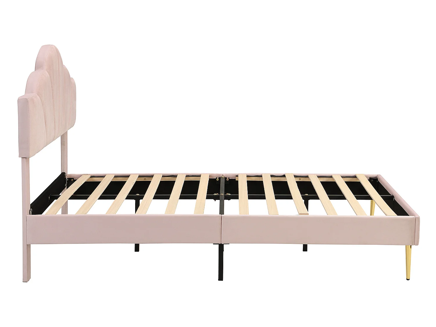 Lit enfant en velours 140x190cm avec sommier à lattes - tête de lit en forme de coquille - rose