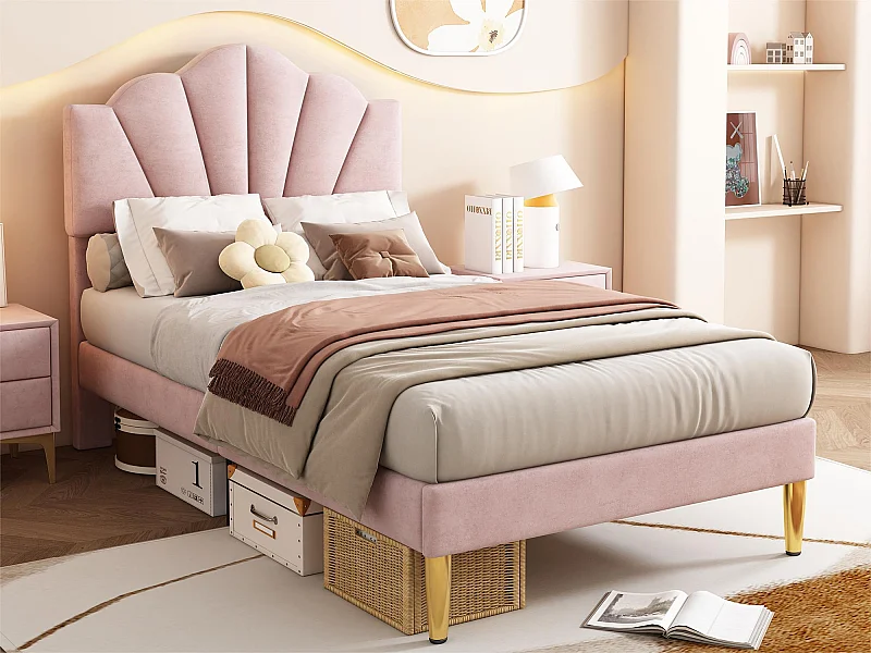 Cama infantil de terciopelo - 90x200cm - cabecero en forma de concha - Rosa