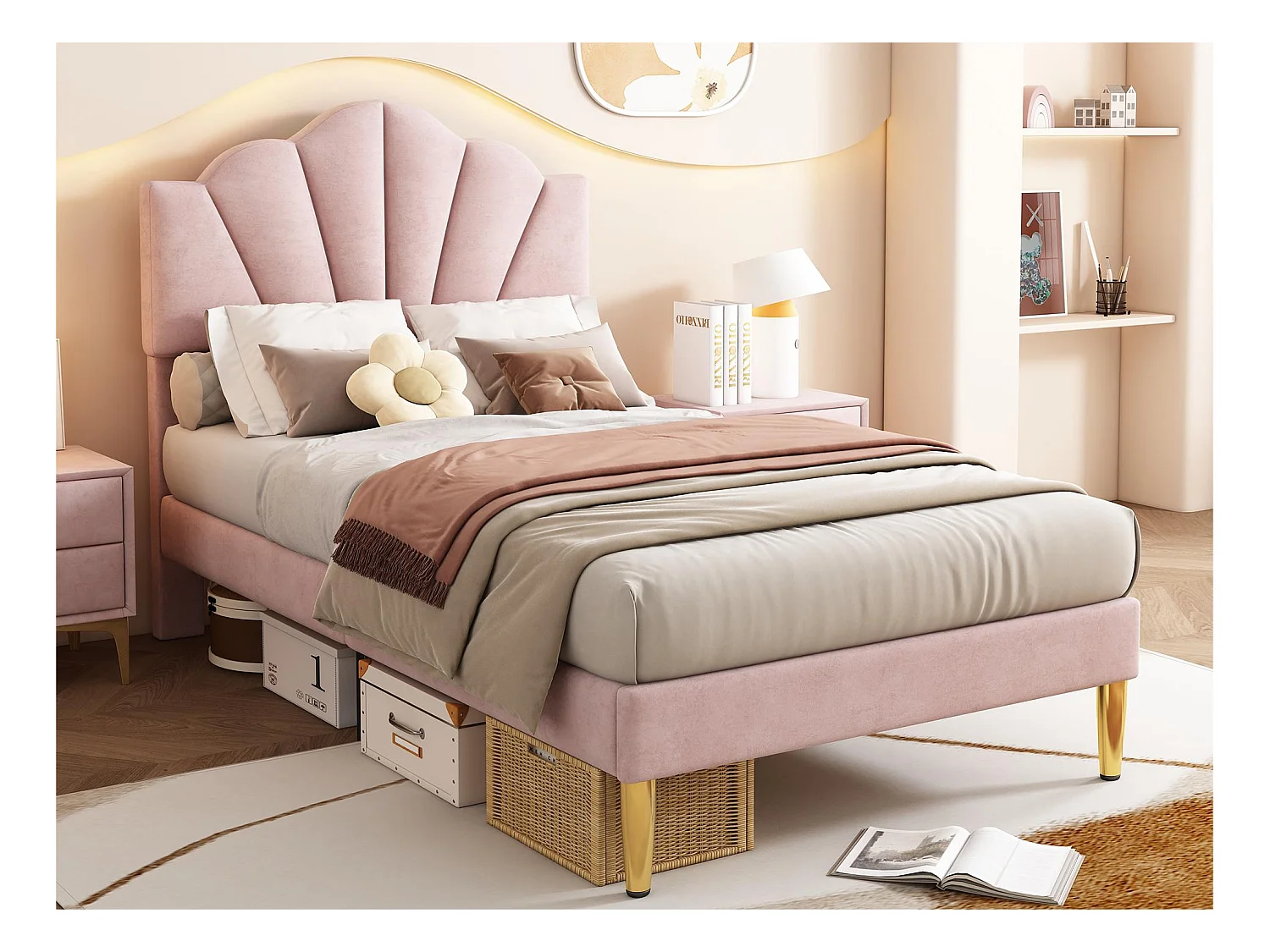 Lit enfant en velours 90x200cm avec sommier à lattes - tête de lit en forme de coquille - rose