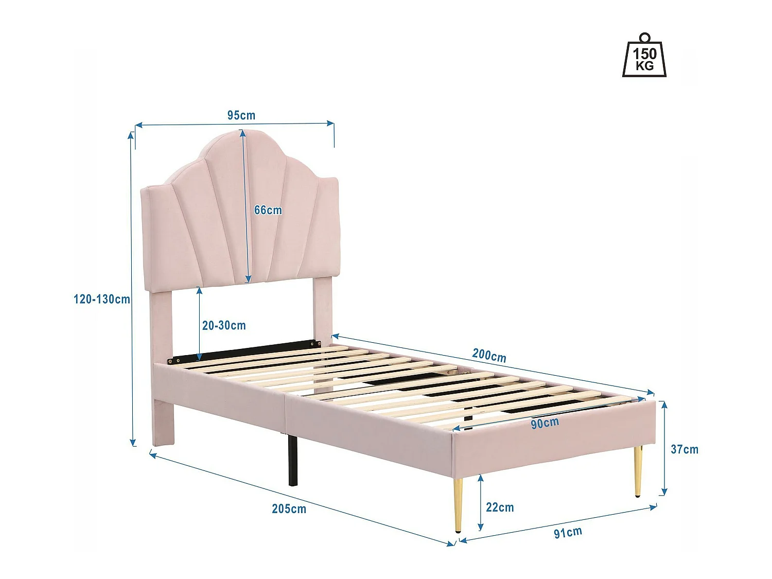 Cama infantil de terciopelo - 90x200cm - cabecero en forma de concha - Rosa