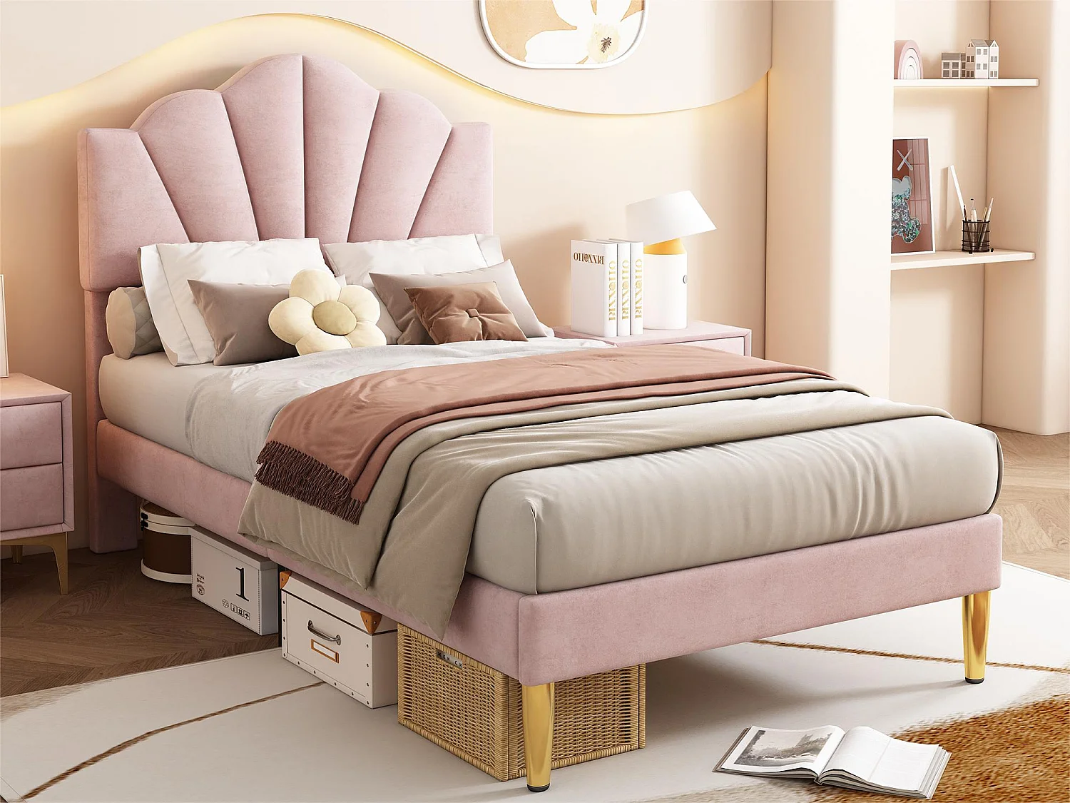 Lit enfant en velours 90x200cm avec sommier à lattes - tête de lit en forme de coquille - rose