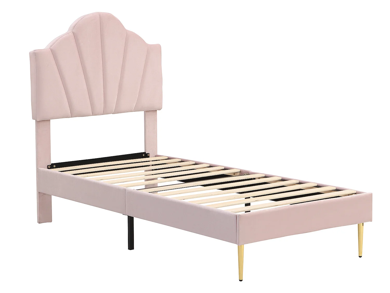 Lit enfant en velours 90x200cm avec sommier à lattes - tête de lit en forme de coquille - rose