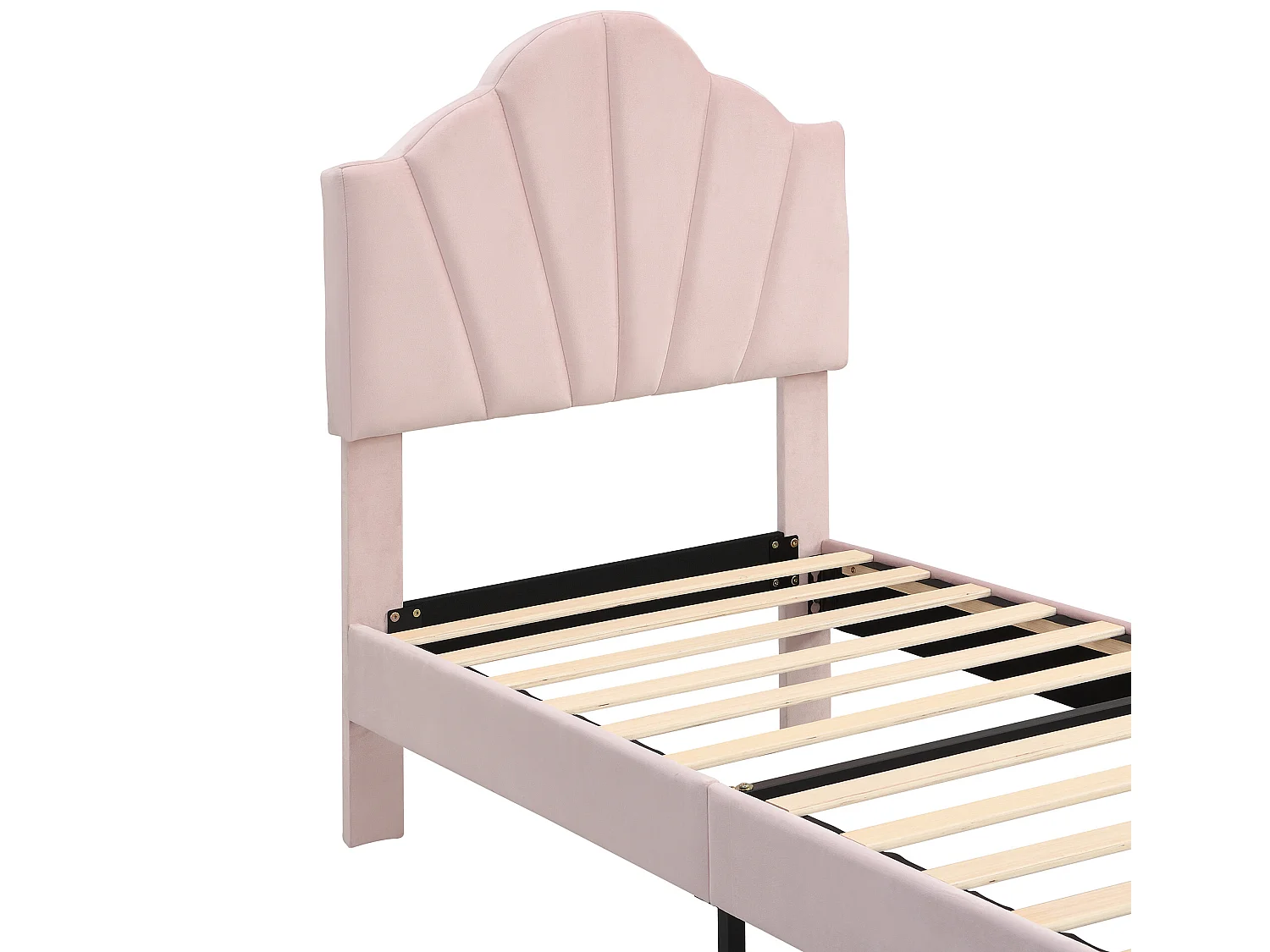 Lit enfant en velours 90x200cm avec sommier à lattes - tête de lit en forme de coquille - rose