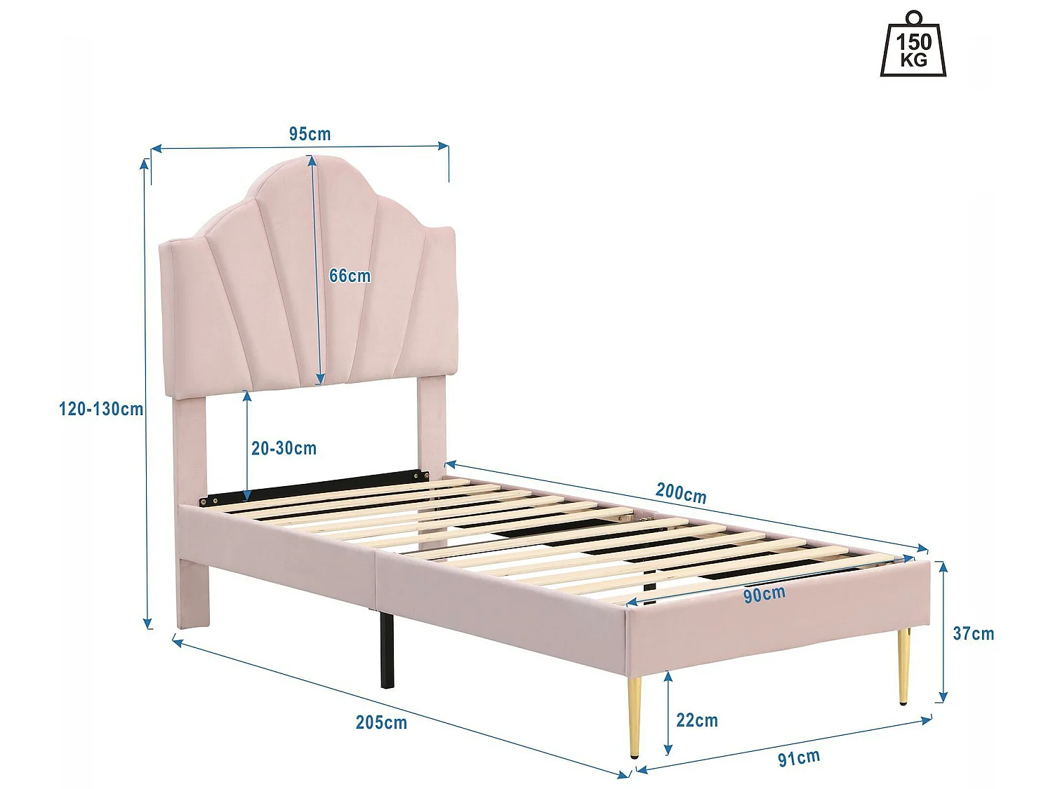 Lit enfant en velours 90x200cm avec sommier à lattes - tête de lit en forme de coquille - rose