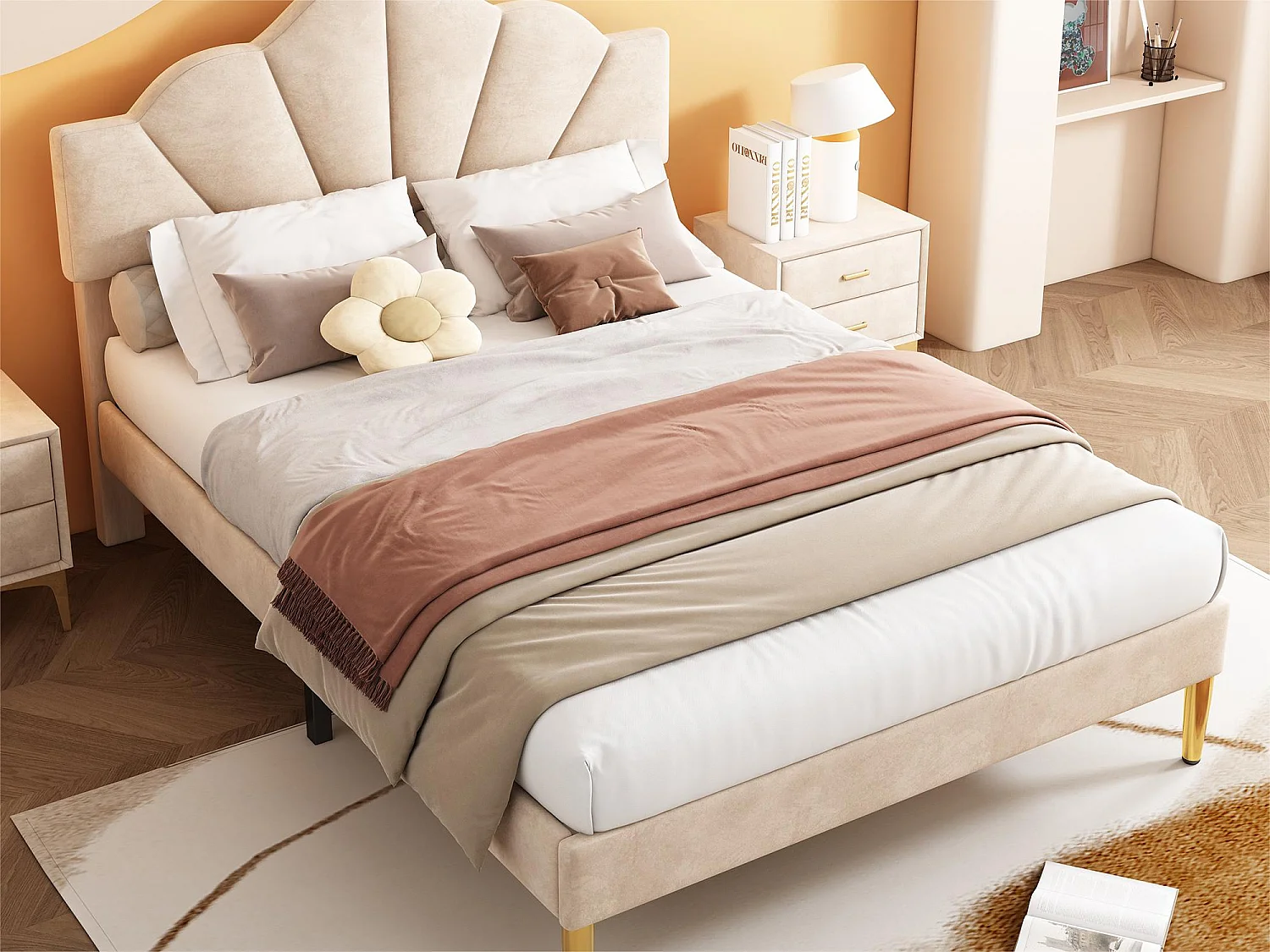 Kinderbett aus Samt – 140 x 190 cm – muschelförmiges Kopfteil – Beige