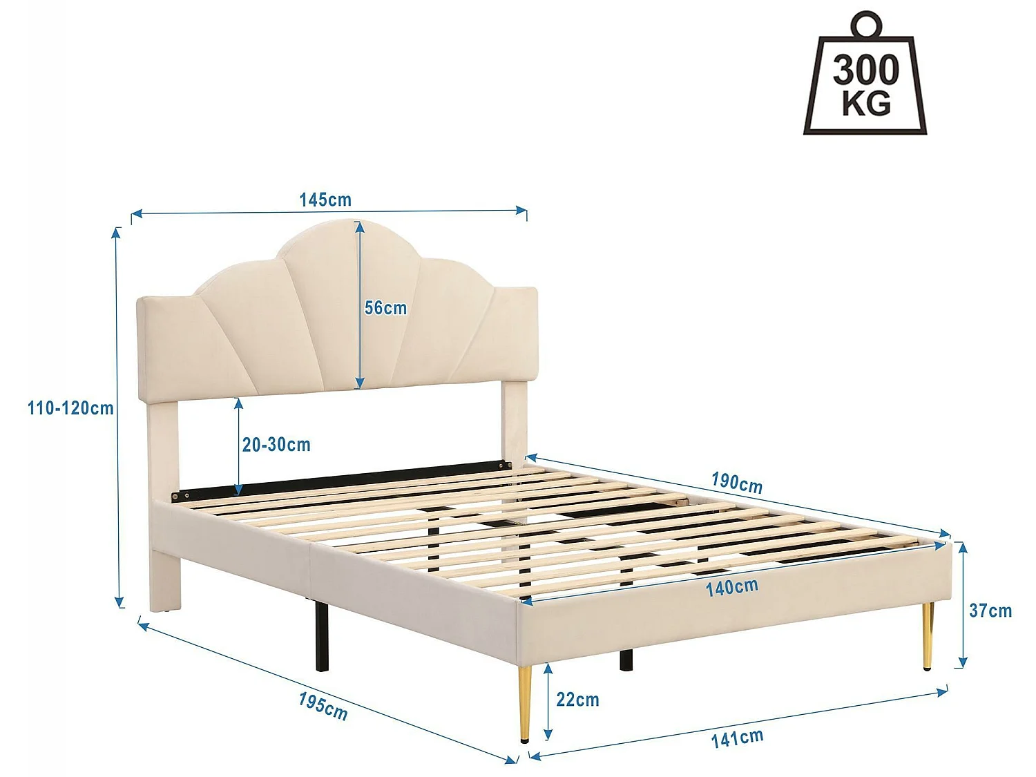 Kinderbett aus Samt – 140 x 190 cm – muschelförmiges Kopfteil – Beige