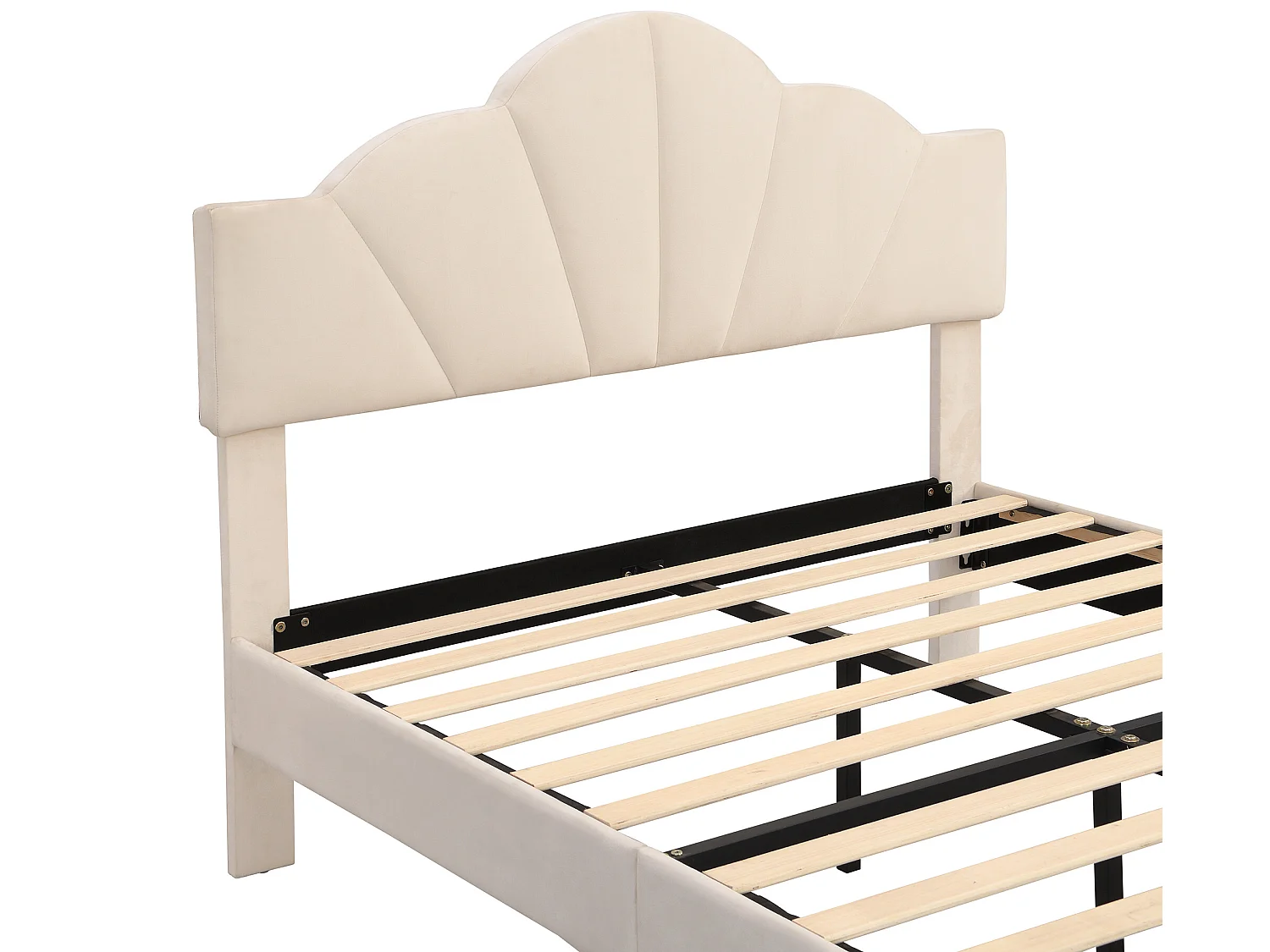 Lit enfant en velours 140x190cm avec sommier à lattes - tête de lit en forme de coquille - beige
