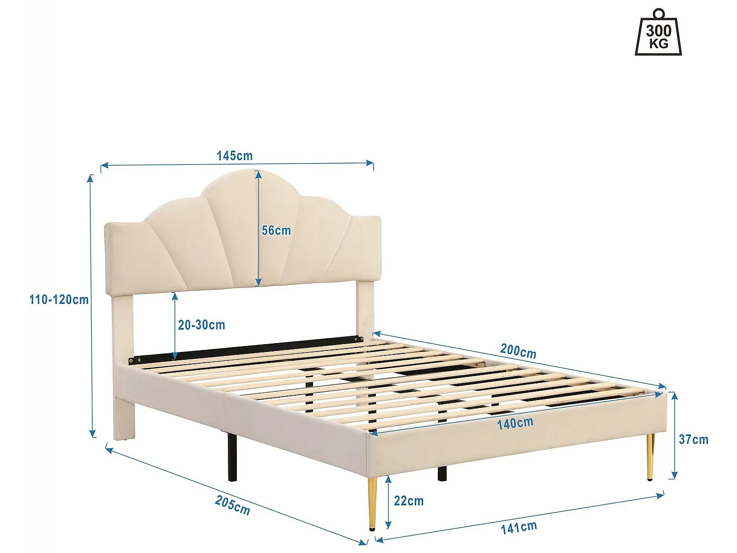 Lit enfant en velours 140x200cm avec sommier à lattes - tête de lit en forme de coquille - beige