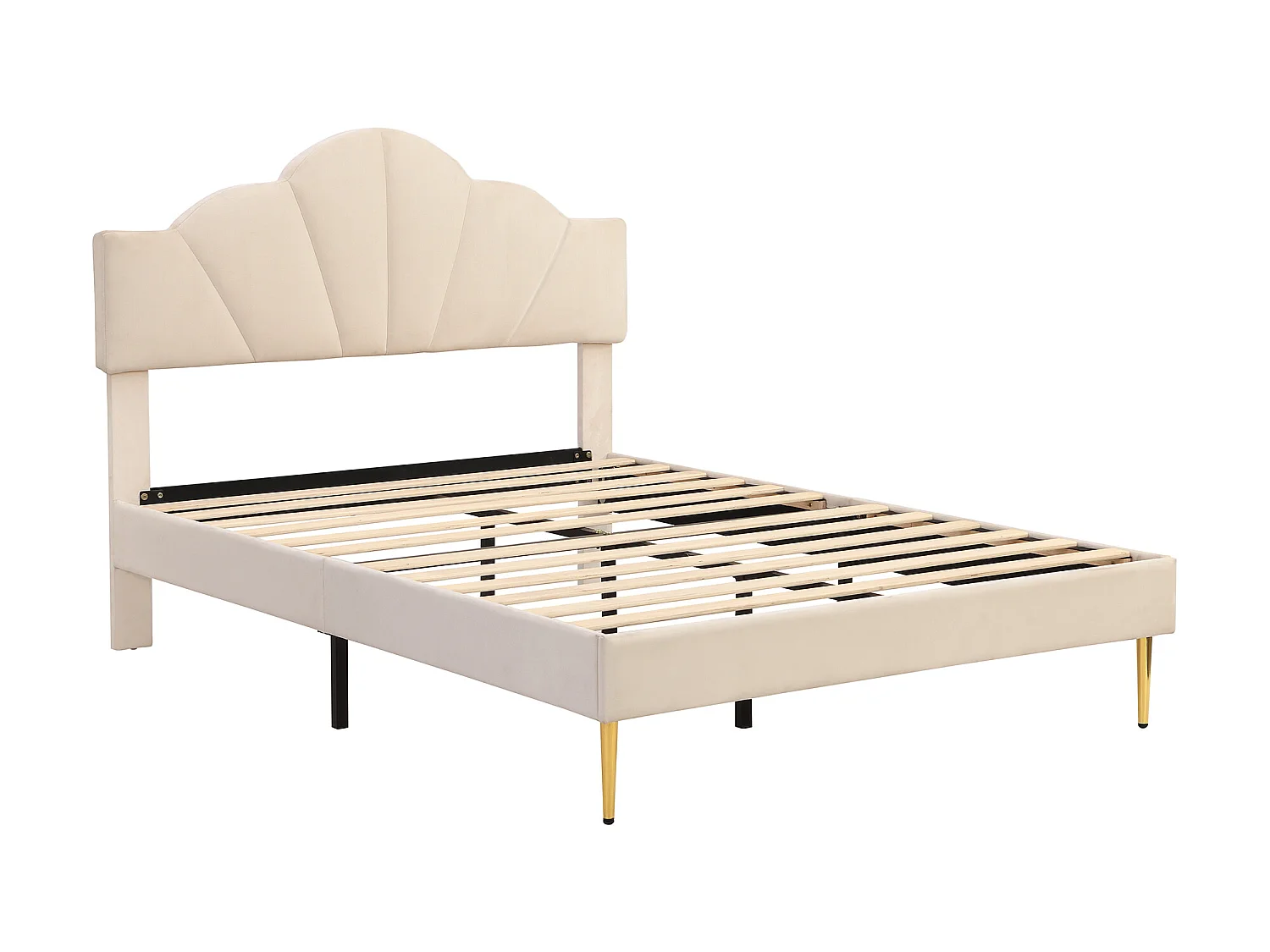 Lit enfant en velours 140x200cm avec sommier à lattes - tête de lit en forme de coquille - beige