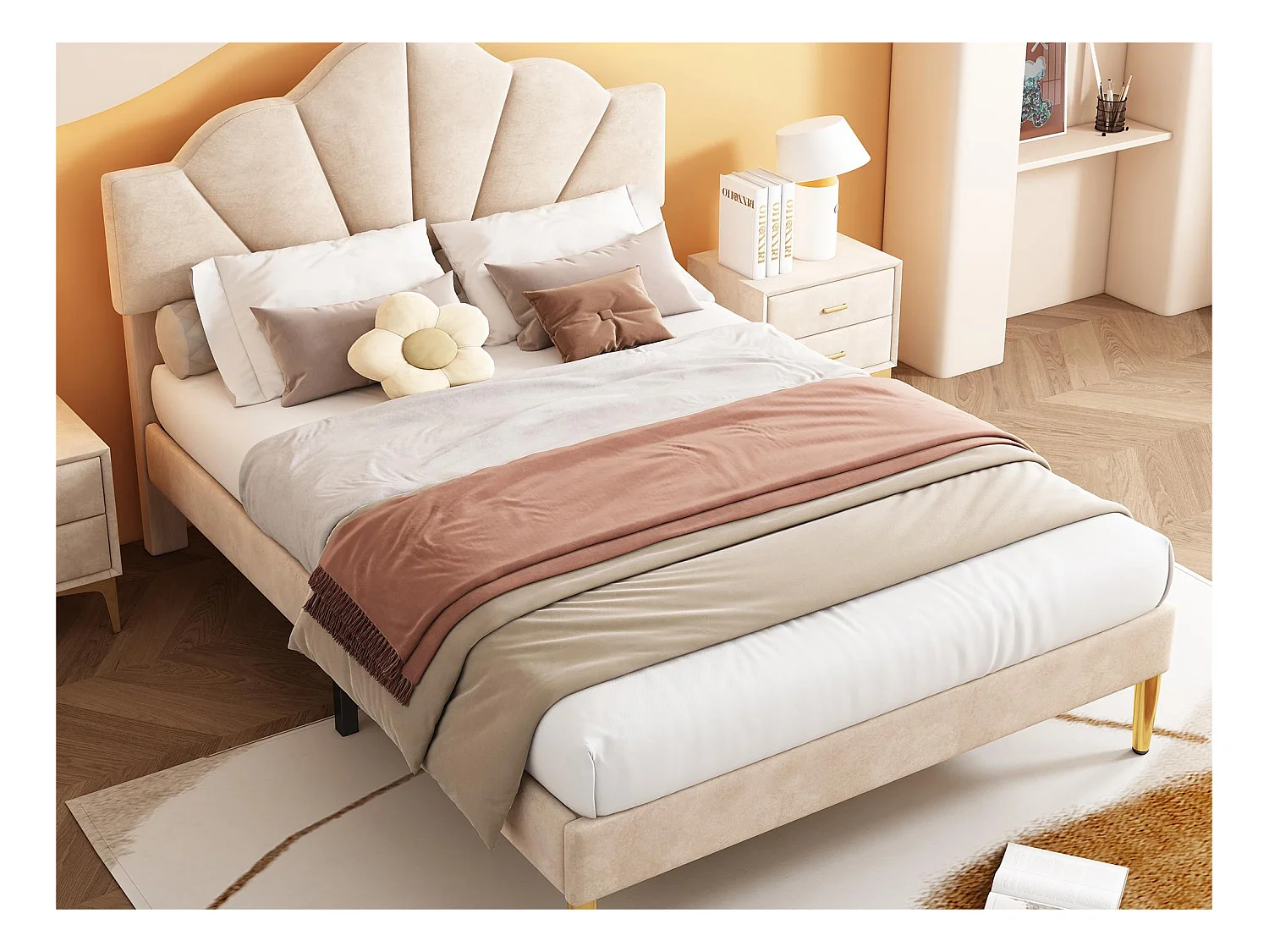 Lit enfant en velours 140x200cm avec sommier à lattes - tête de lit en forme de coquille - beige