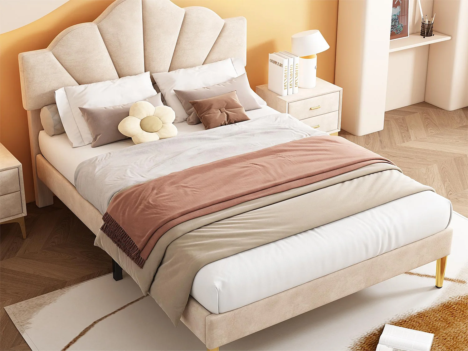 Lit enfant en velours 140x200cm avec sommier à lattes - tête de lit en forme de coquille - beige