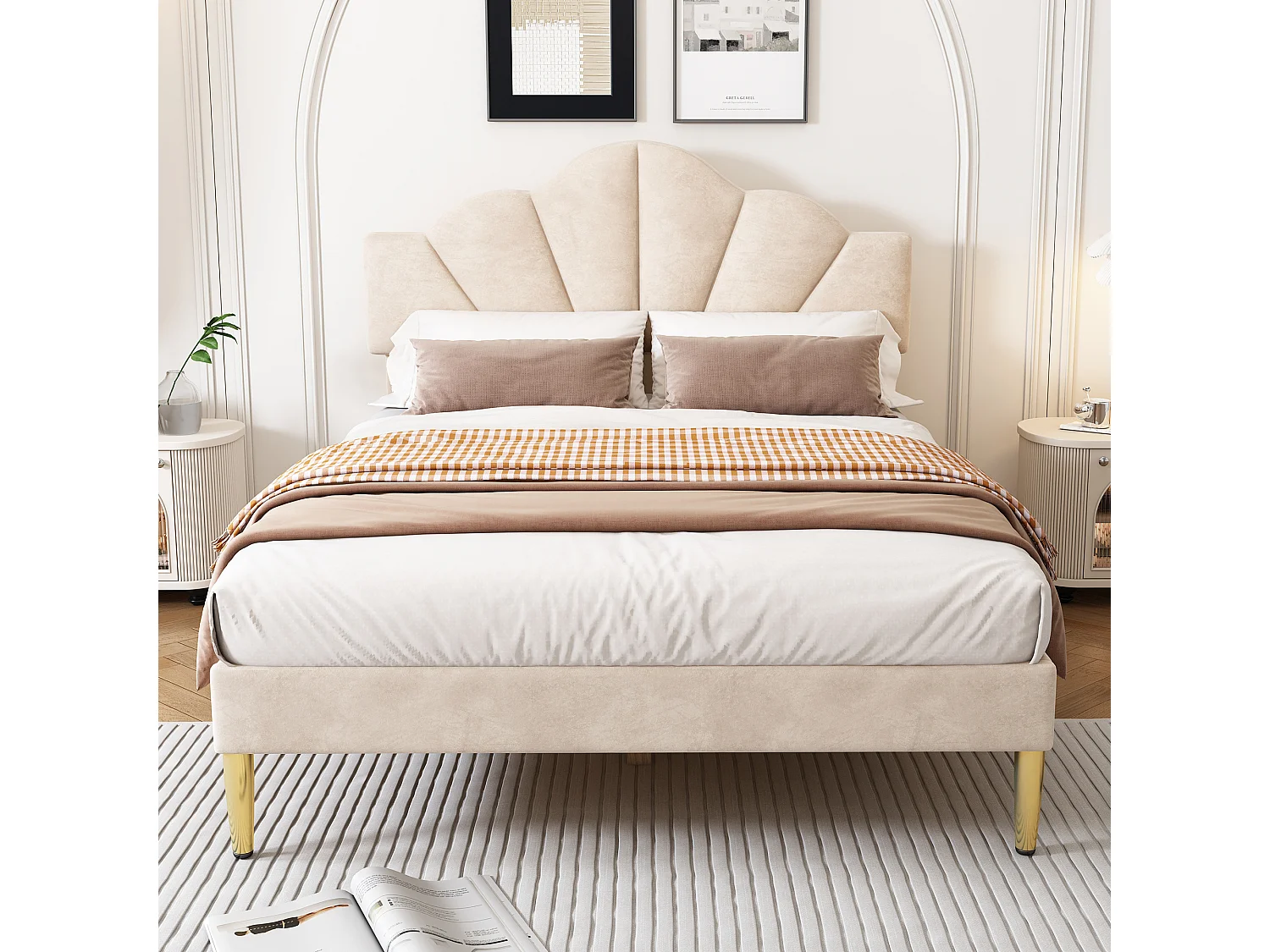 Lit enfant en velours 140x200cm avec sommier à lattes - tête de lit en forme de coquille - beige