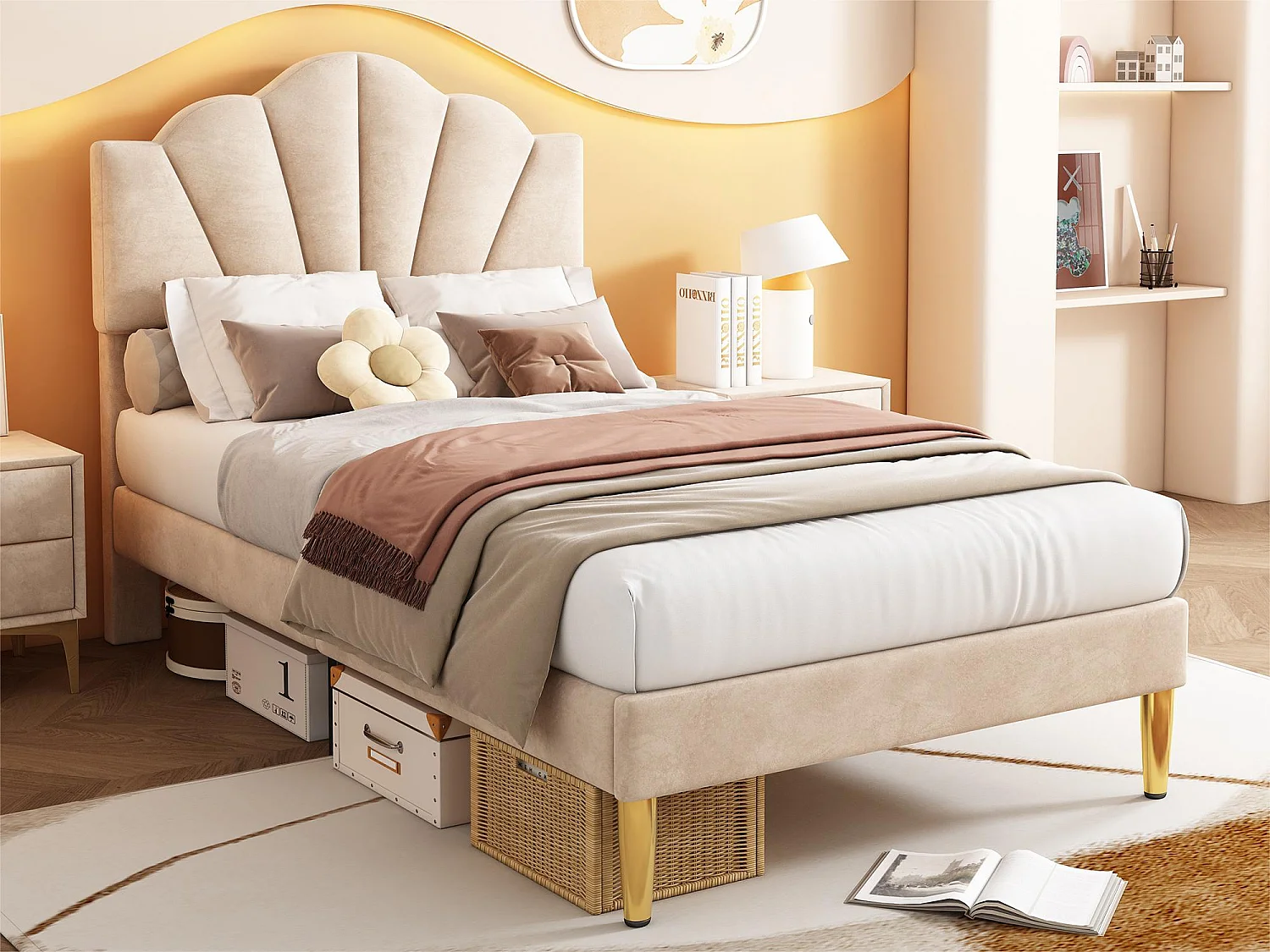 Fluwelen kinderbed - 90x200cm - schelpvormig hoofdeinde - Beige