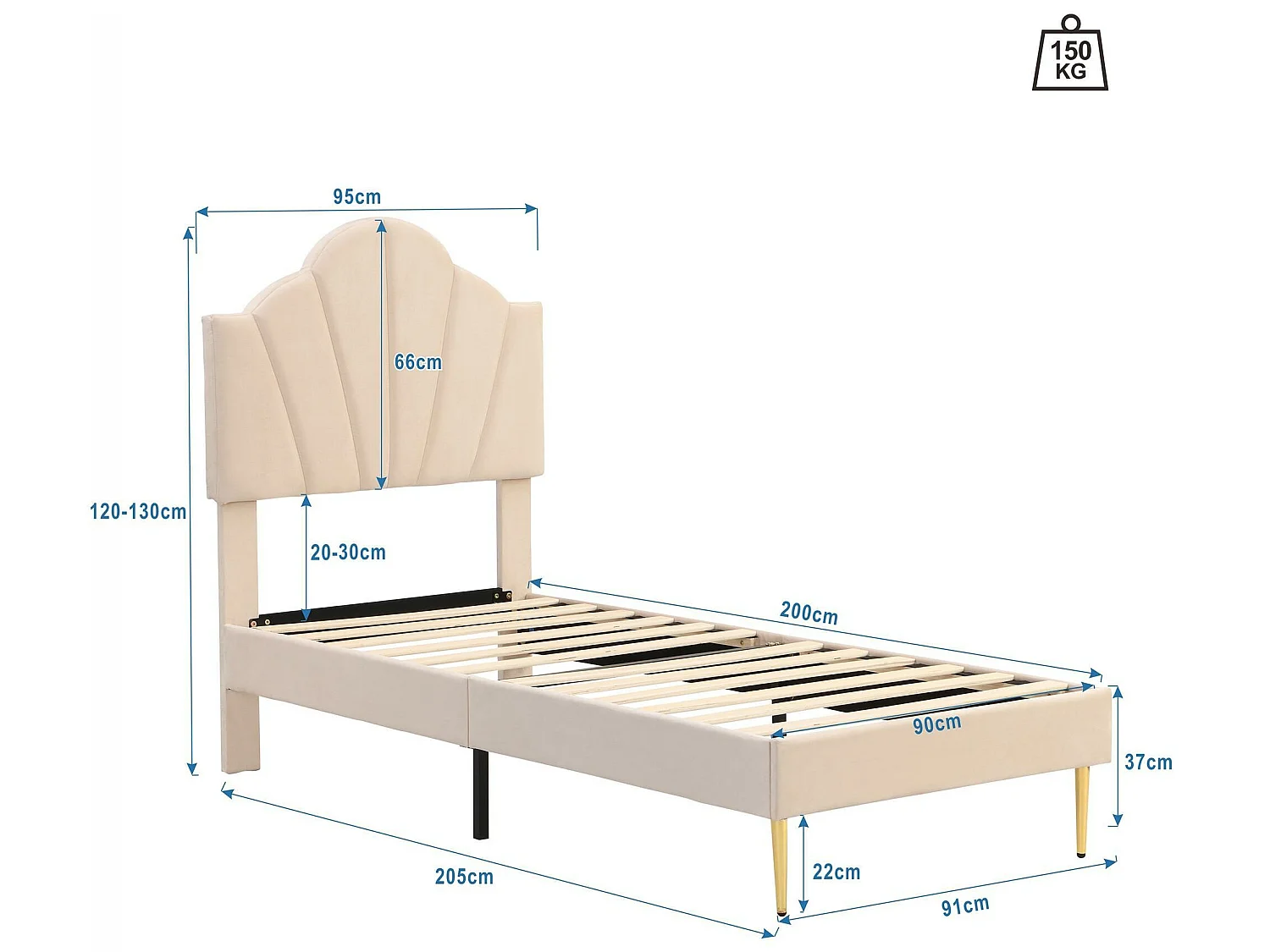 Fluwelen kinderbed - 90x200cm - schelpvormig hoofdeinde - Beige