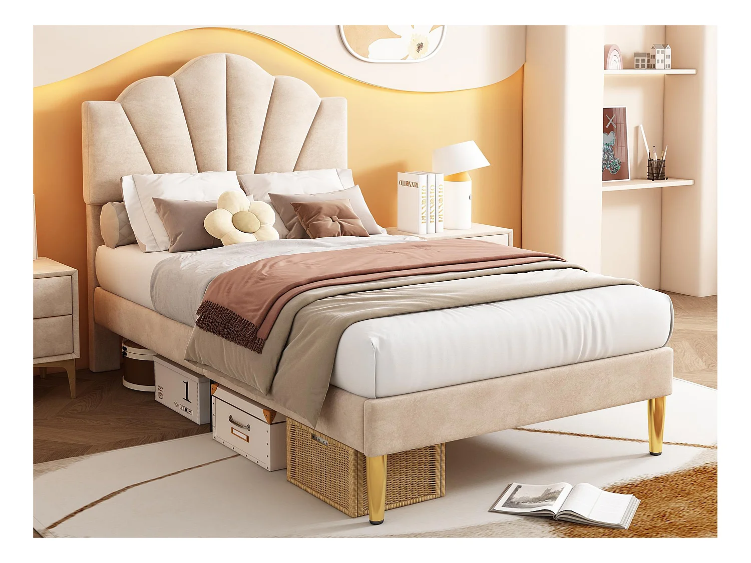 Lit enfant en velours 90x200cm avec sommier à lattes - tête de lit en forme de coquille - beige