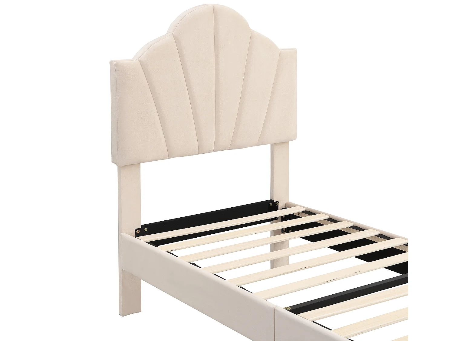 Lit enfant en velours 90x200cm avec sommier à lattes - tête de lit en forme de coquille - beige
