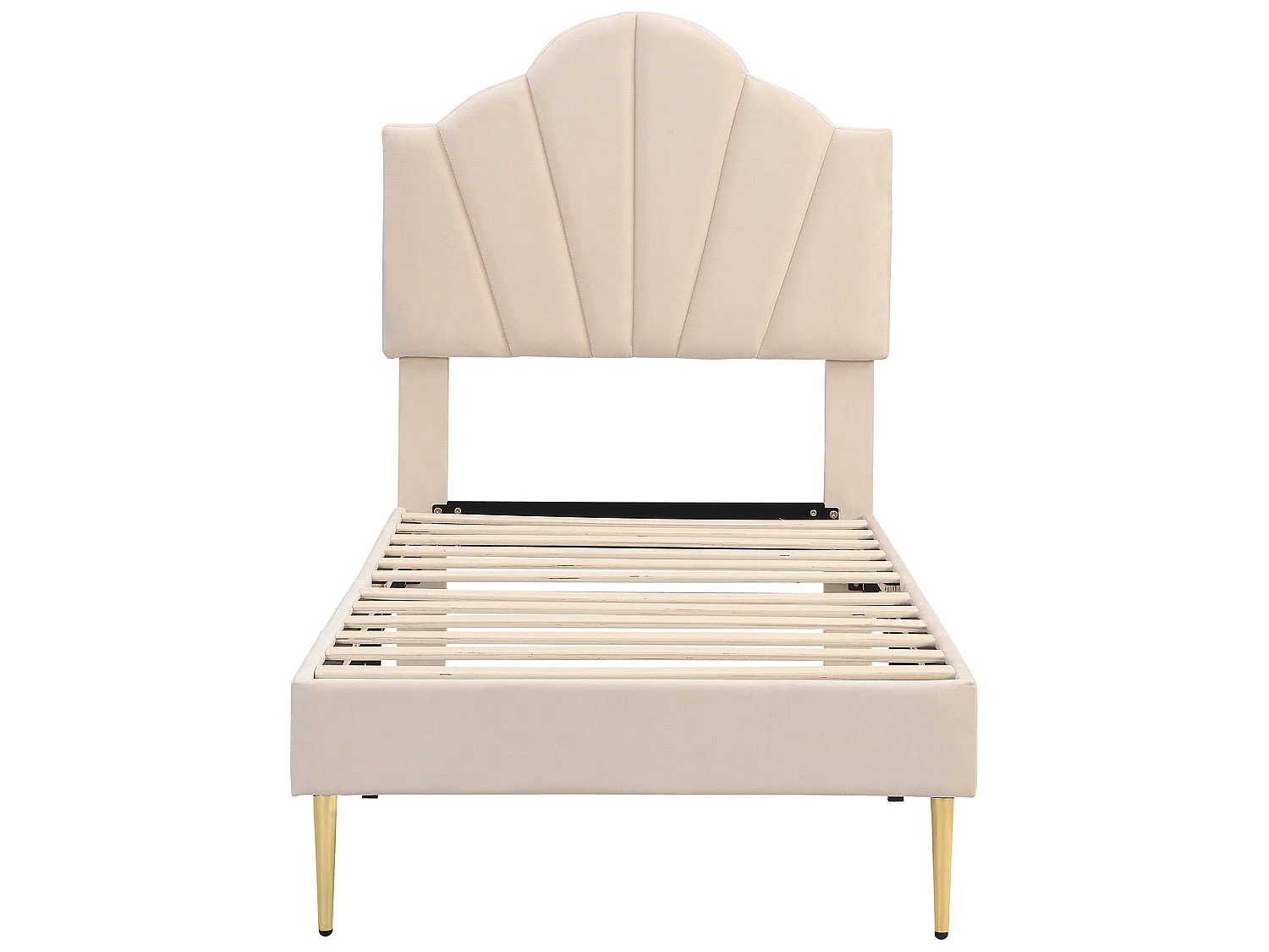 Lit enfant en velours 90x200cm avec sommier à lattes - tête de lit en forme de coquille - beige