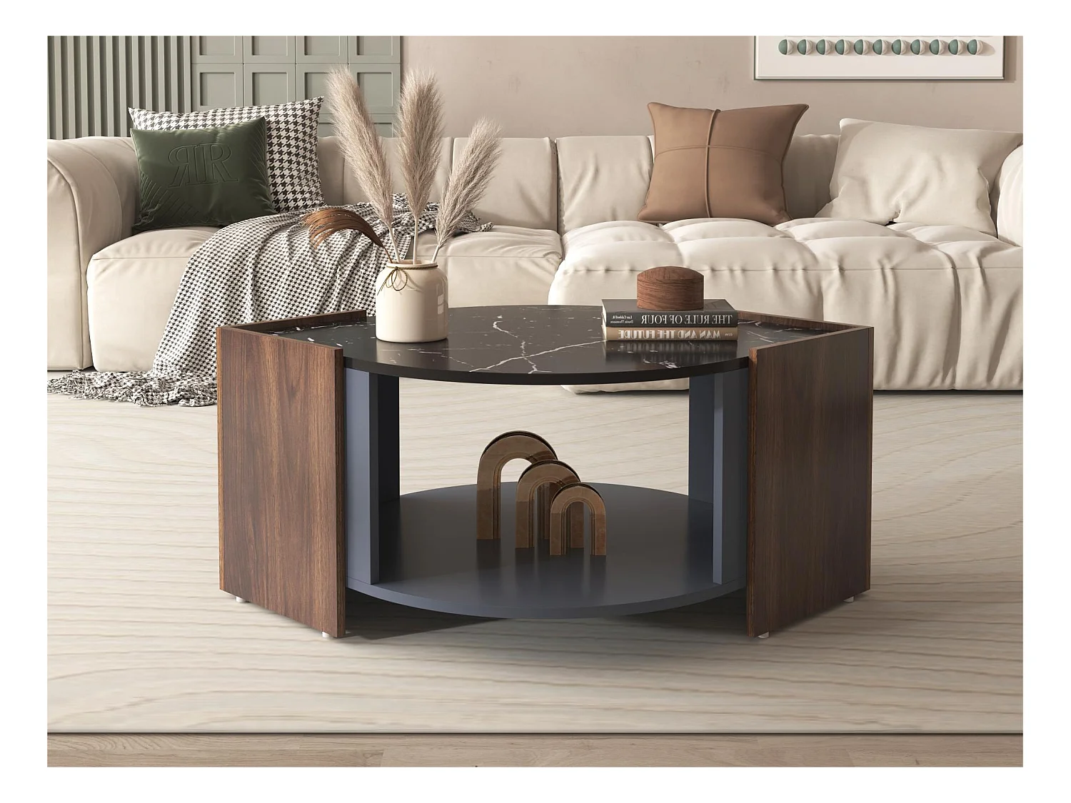 Salontafel - blad van marmer en houteffect - bruin