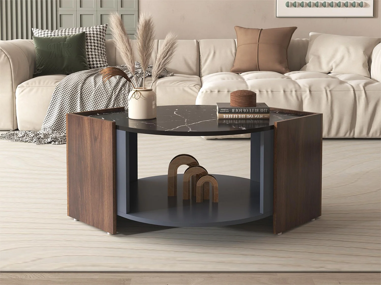 Couchtisch – Platte in Marmor- und Holzoptik – braun