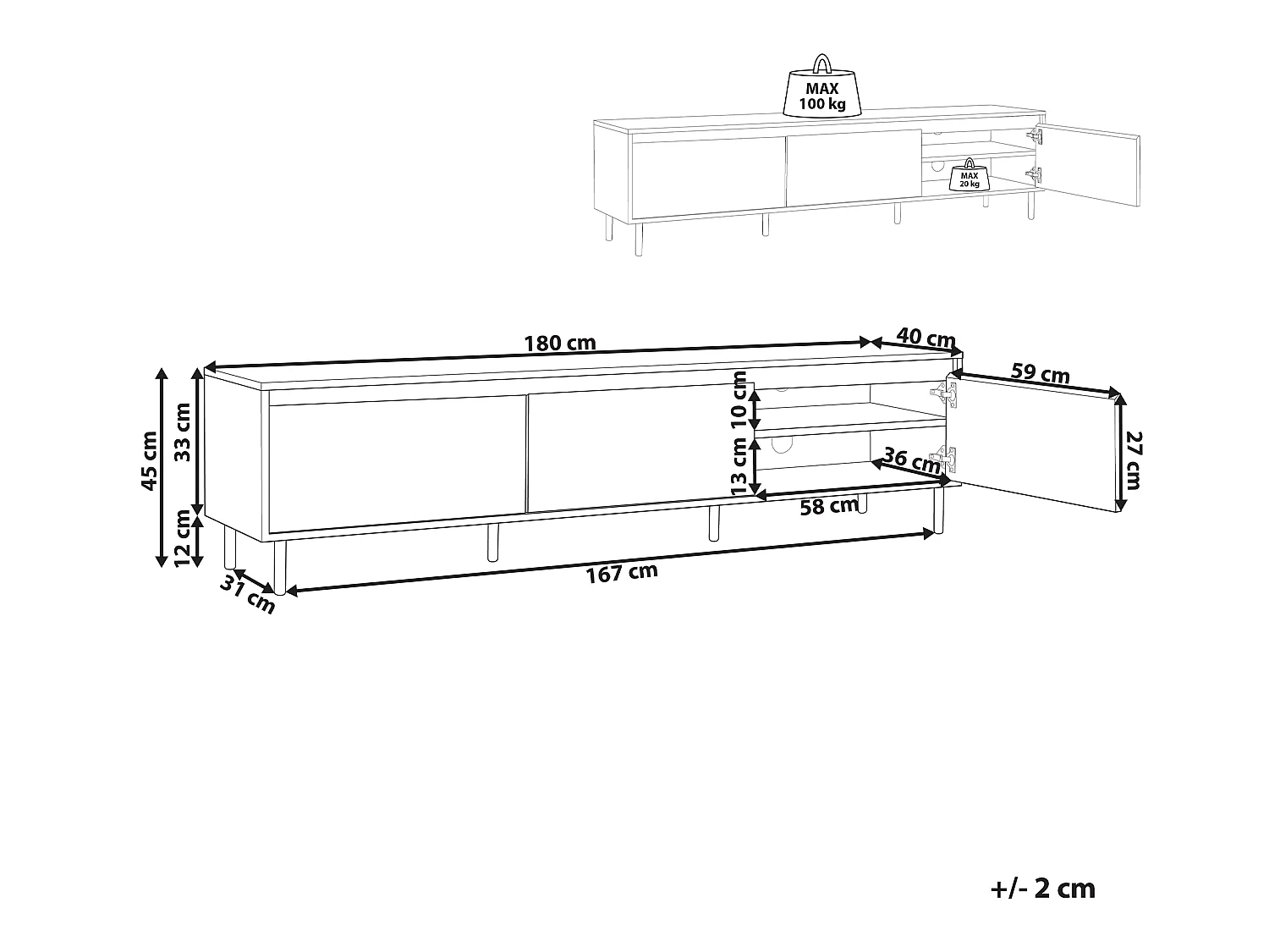 Modernes minimalistisches TV-Möbel Sideboard Medienschrank Metall Schwarz Beine 3 Türen Ablagefach helles Holz Nikea