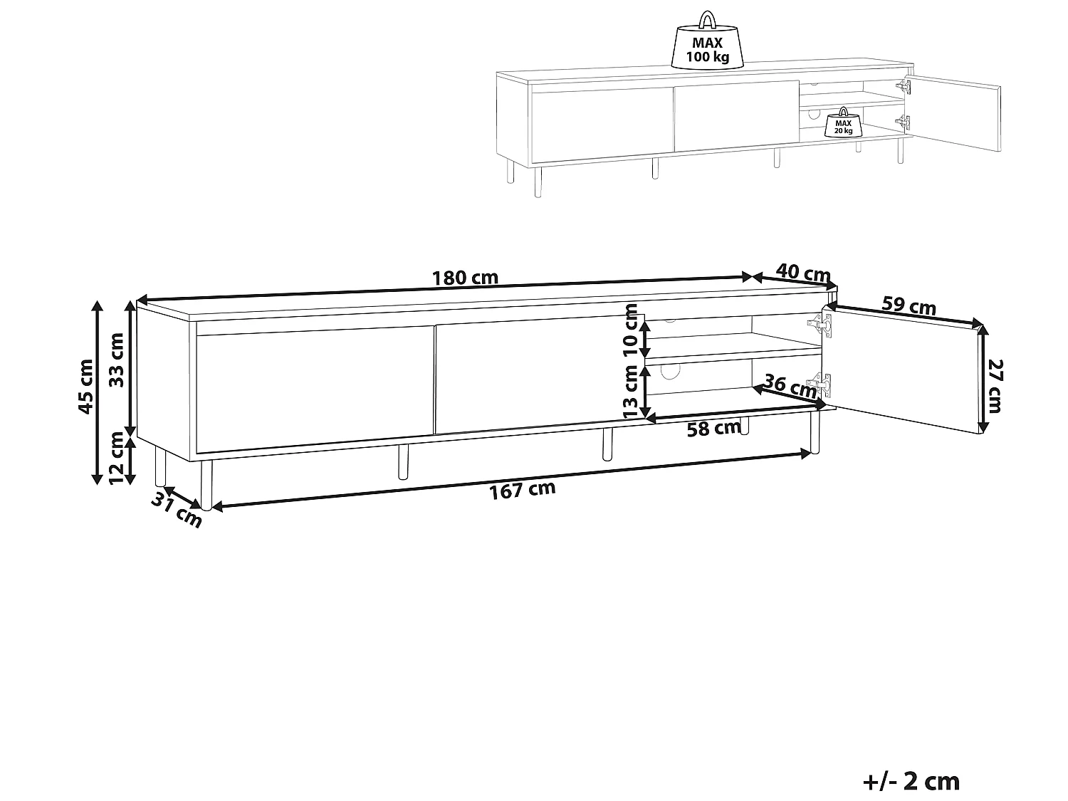 Modernes minimalistisches TV-Möbel Sideboard Medienschrank Metall Schwarz Beine 3 Türen Ablagefach helles Holz Nikea