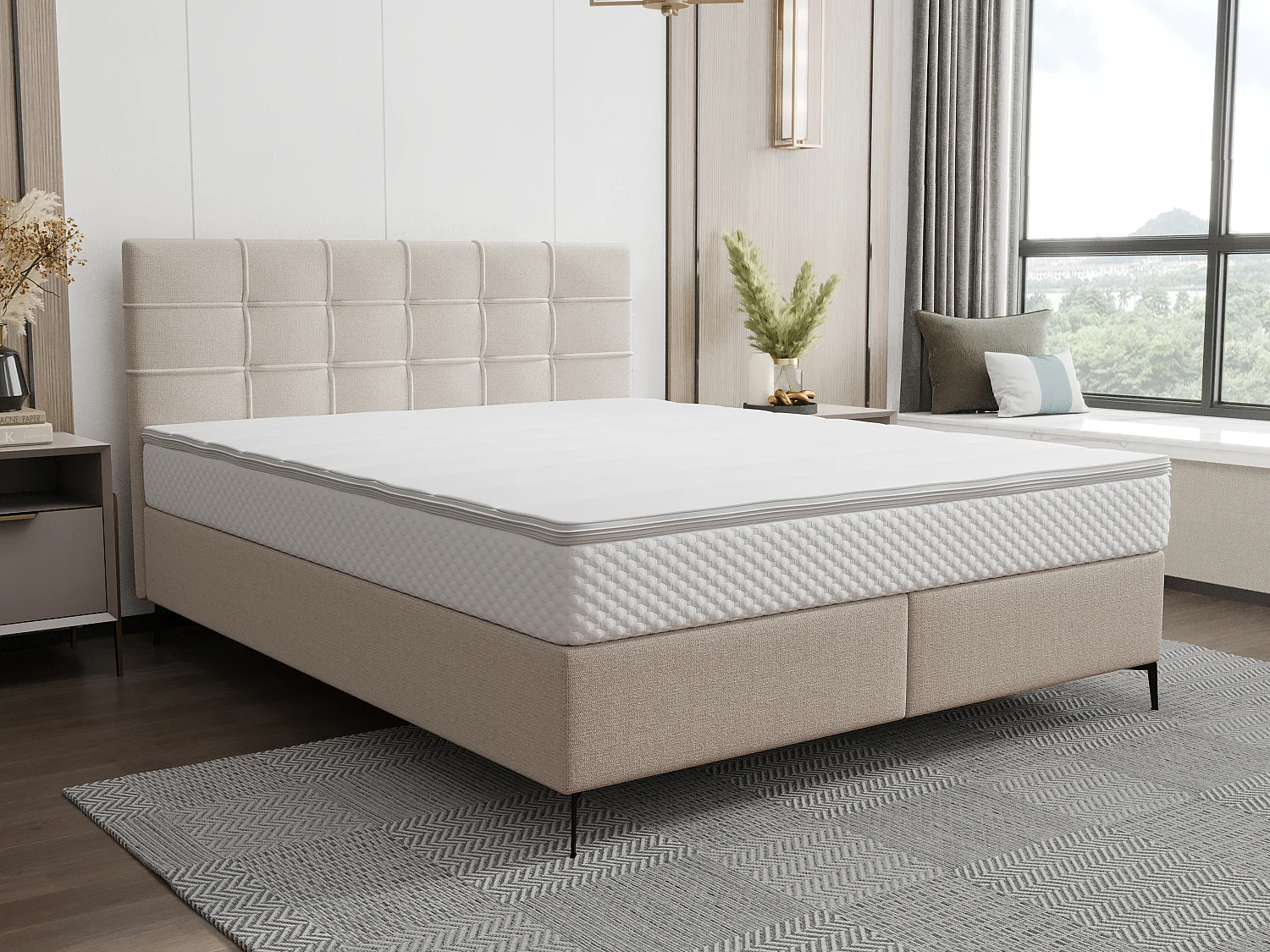 Set completo boxspring testata trapuntata+Rete a doghe+Mater.+topper 160x200cm Tessuto Beige - INAO di YSMÉE