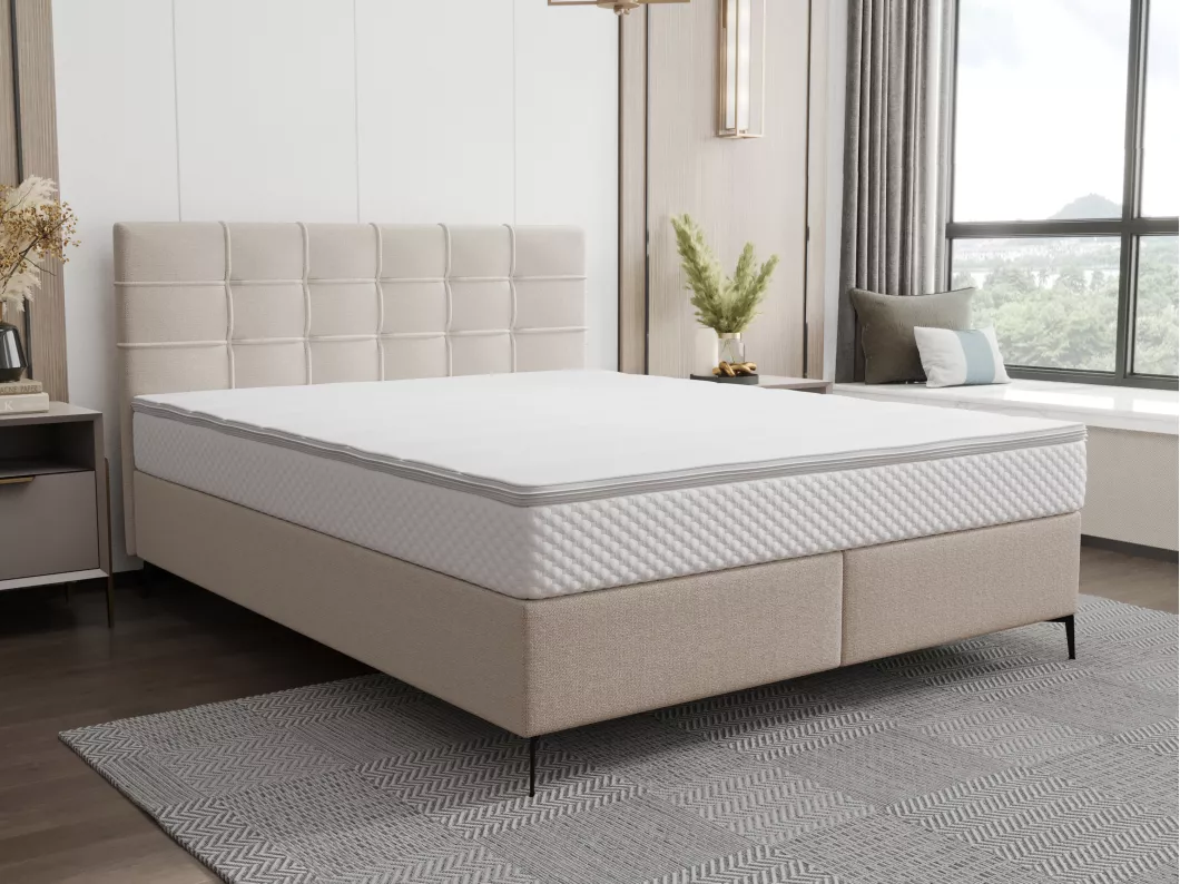 Kauf Unique Boxspringbett komplett mit Bett-Kopfteil gesteppt + Lattenrost + Matratze + Topper - 160 x 200 cm - Stoff - Beige - INAO von YSMÉE