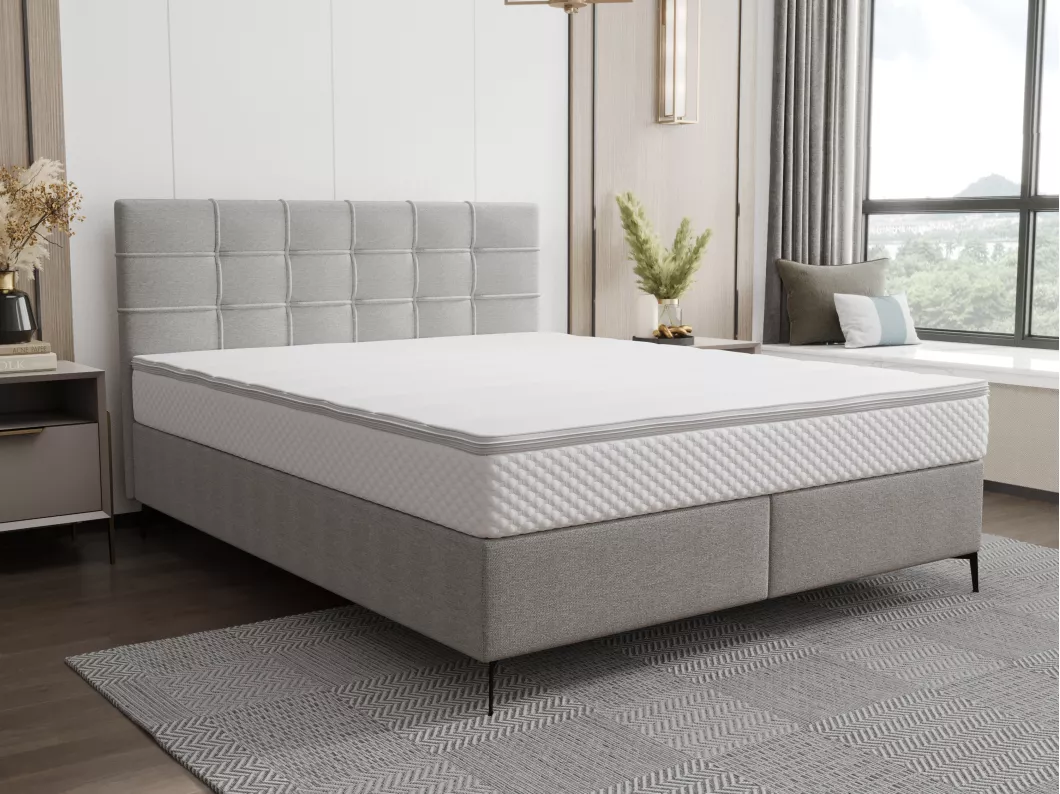 Kauf Unique Boxspringbett komplett mit Bett-Kopfteil gesteppt + Lattenrost + Matratze + Topper - 180 x 200 cm - Stoff - Hellgrau - INAO von YSMÉE